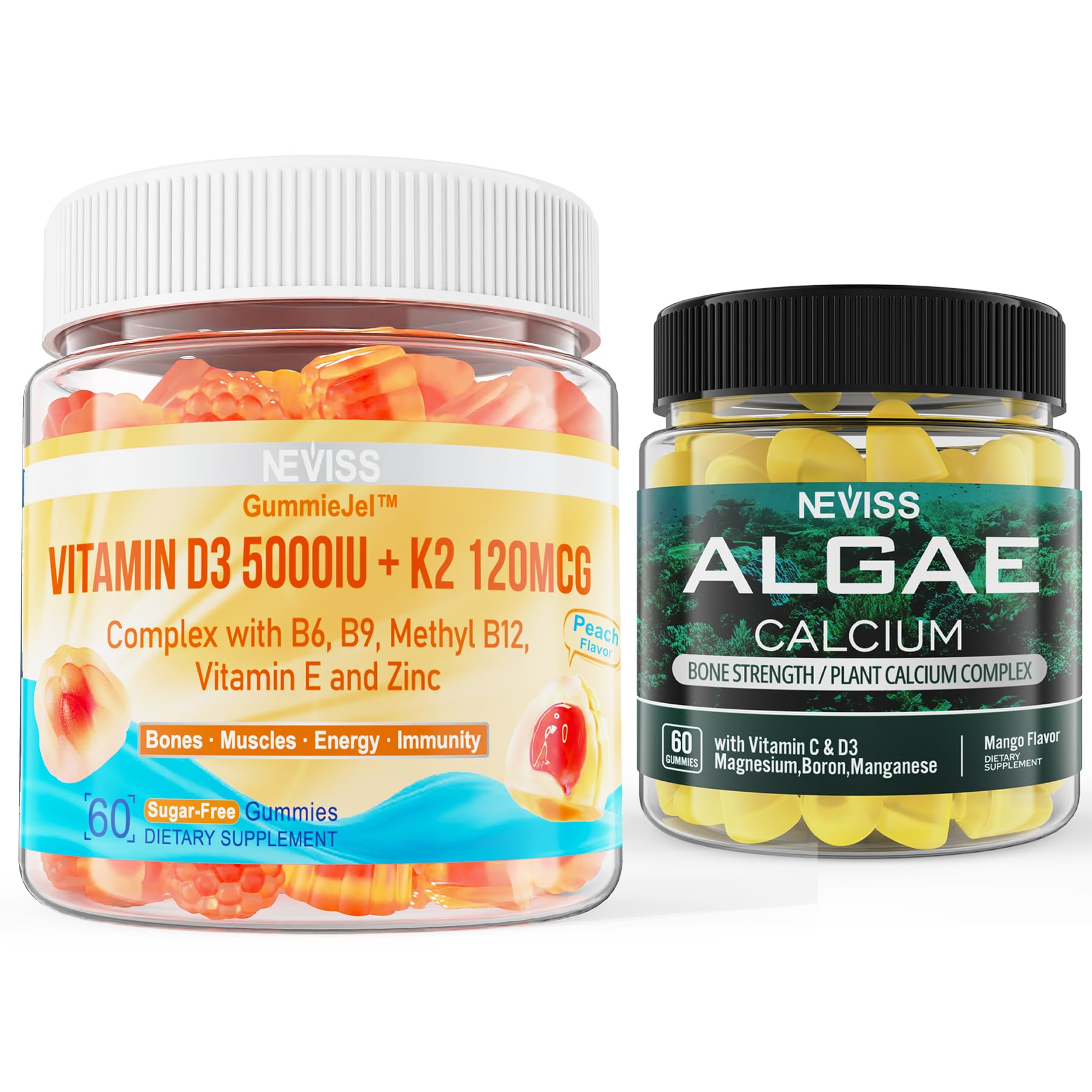 NEVISS D3 5000IU K2 Gummies + Marine Algae Calcium Gummies Bundle, 180 Gummies