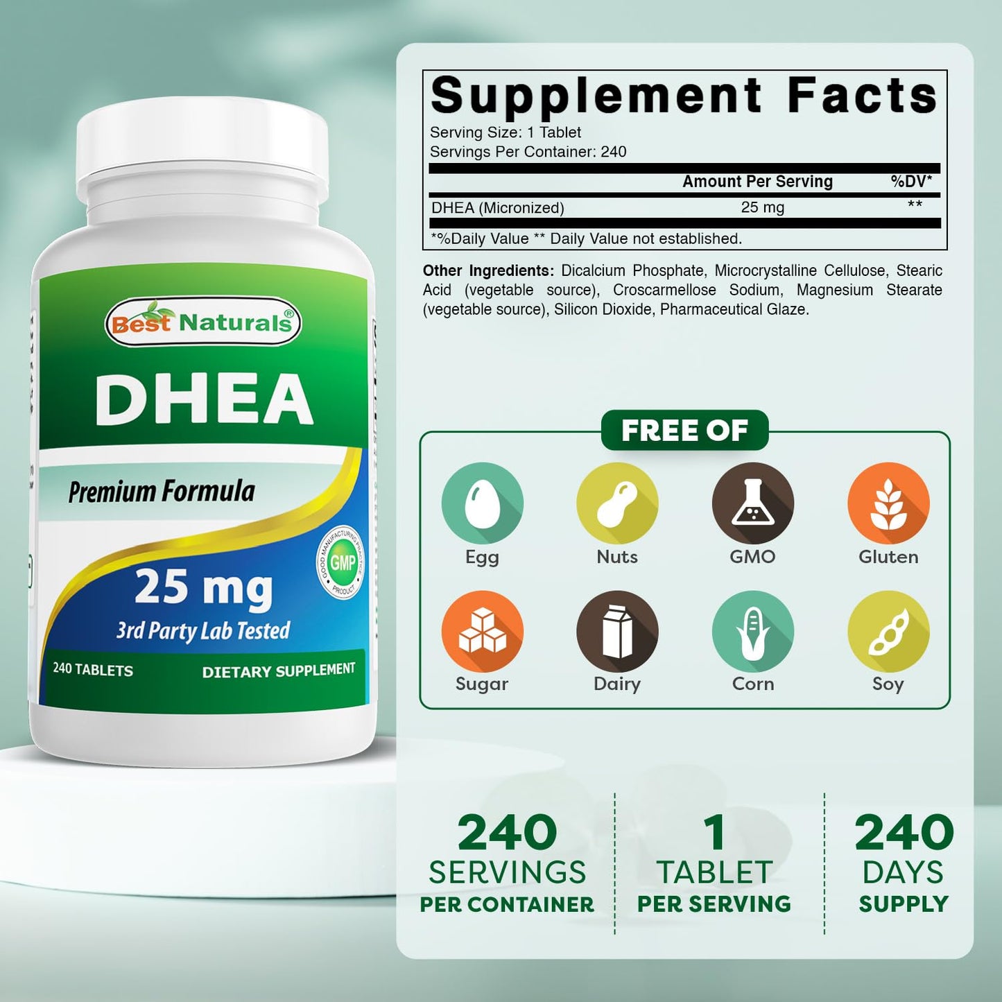 Best Naturals DHEA 25mg Supplement Tablet 240 Tablets