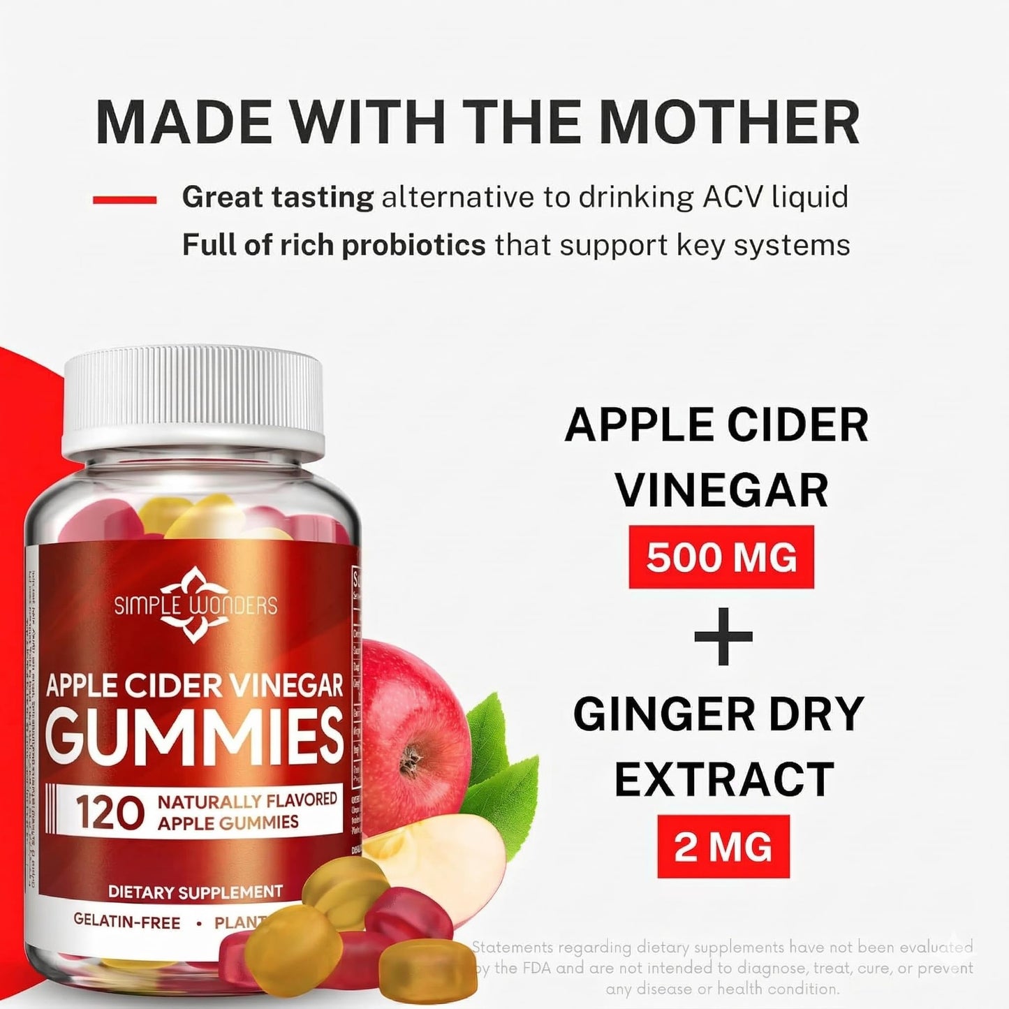 SIMPLE WONDERS Apple Cider Vinegar Gummies with The Mother, 120 Gummies
