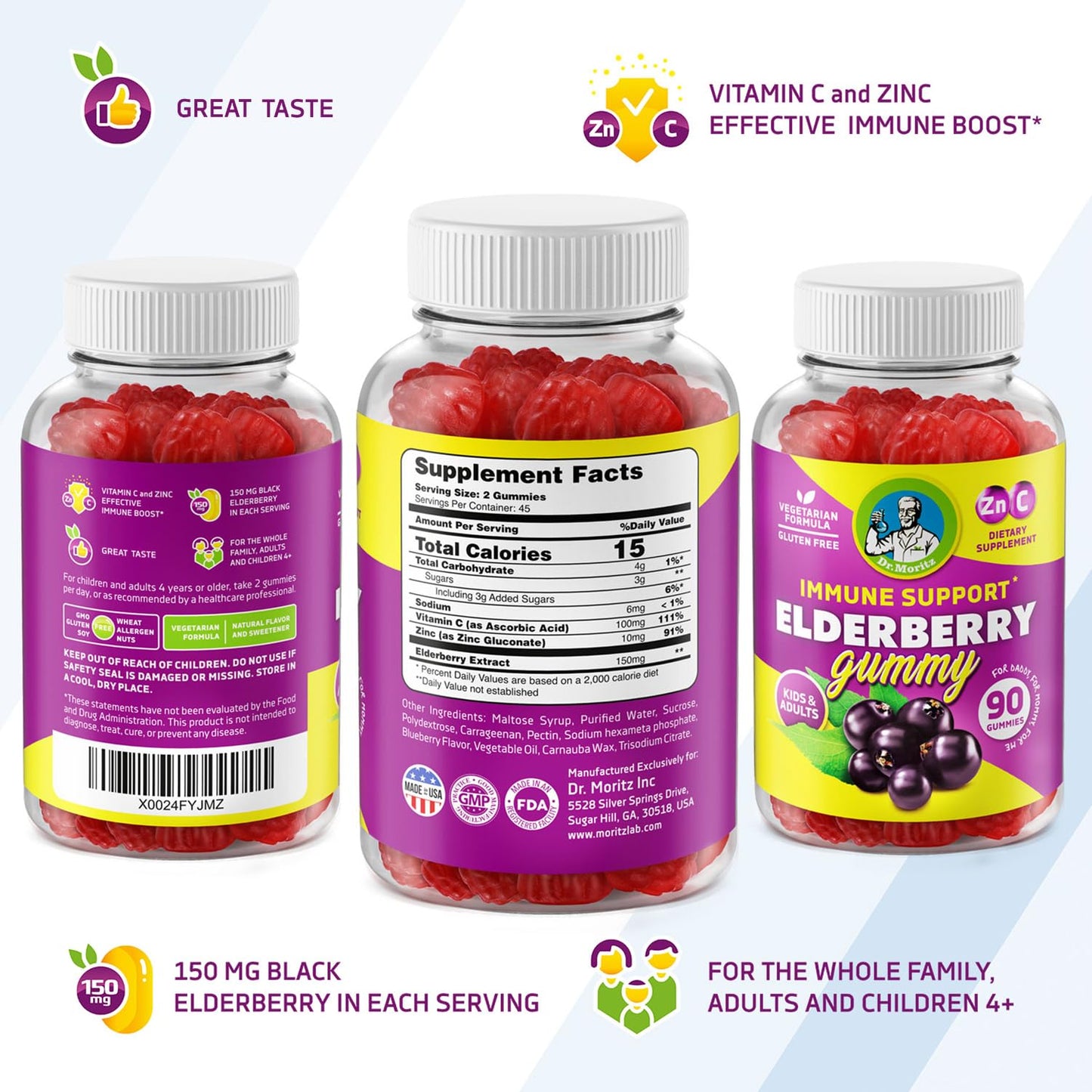 DR. MORITZ Elderberry Gummies for Kids and Toddlers Gummy 90 Count