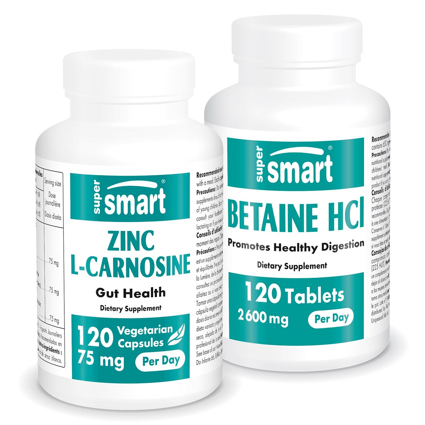 Supersmart Zinc L-Carnosine + Betaine HCl (Gastric Health) Vegetarian Capsules, 240 Capsules