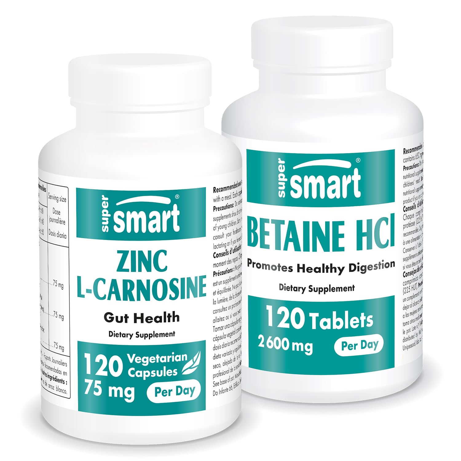 Supersmart Zinc L-Carnosine + Betaine HCl (Gastric Health) Vegetarian Capsules, 240 Capsules