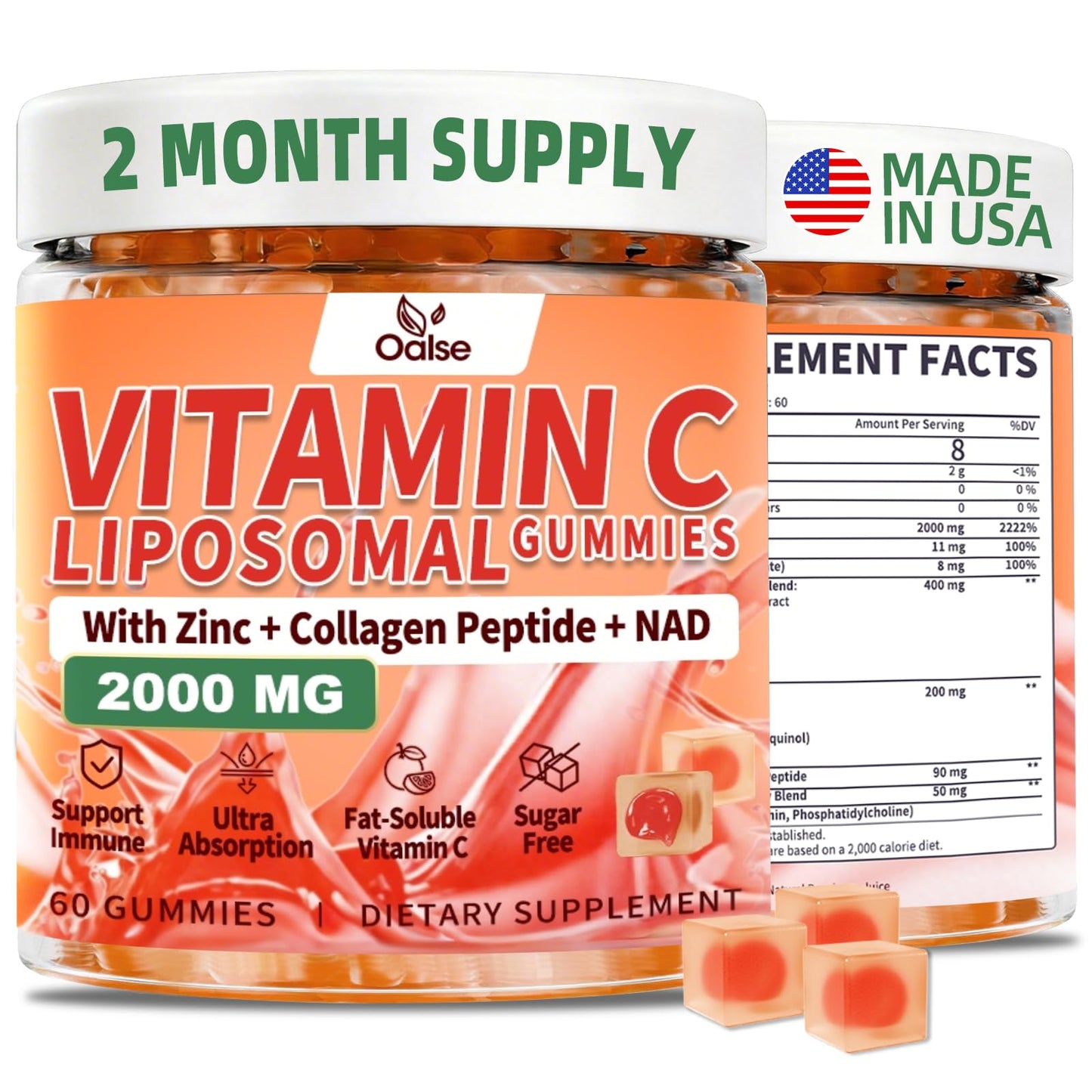 OALSE 2000mg Liposomal Vitamin C Gummies with Elderberry and Zinc, 60 Gummies