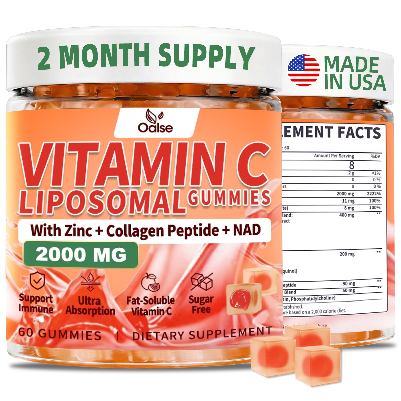 OALSE 2000mg Liposomal Vitamin C Gummies with Elderberry and Zinc, 60 Gummies