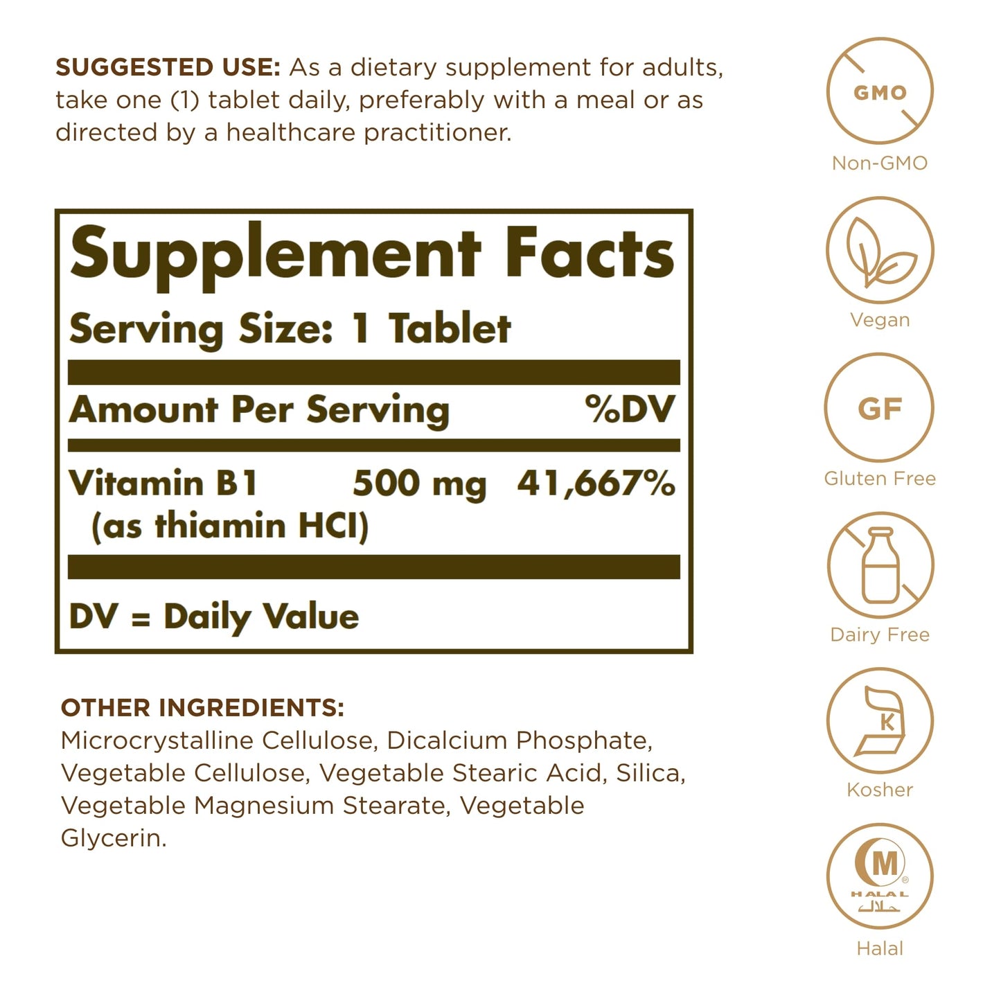 Solgar Vitamin B1 (Thiamin) 500mg Formula Tablets 100 Count