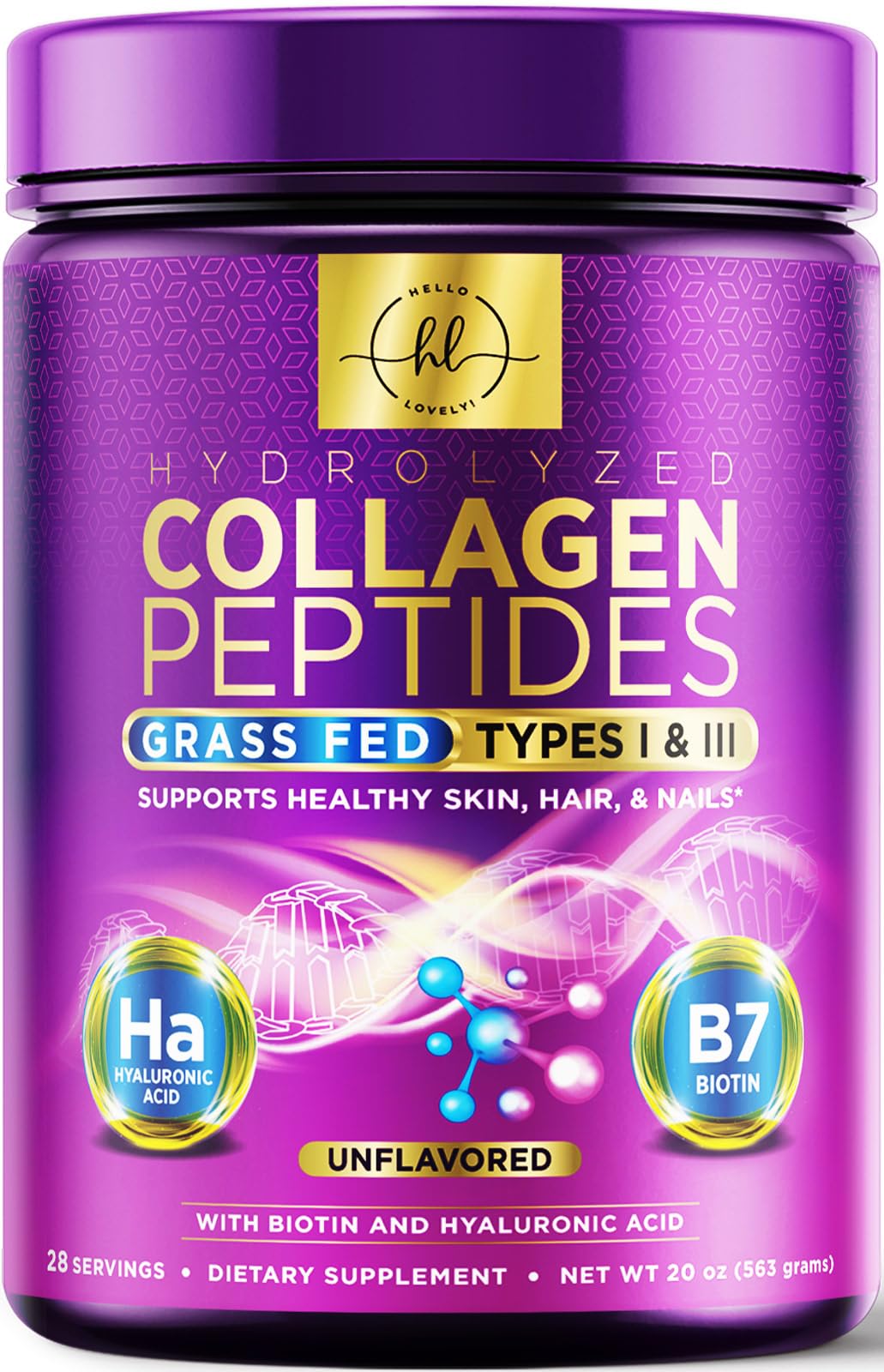 Hello Lovely! Collagen Peptides Powder 20 g per serving, Grass Fed Hydrolyzed Collagen Powder Type I & III with Hyaluronic Acid & Biotin for Women, Unflavored, Hair, Skin, Nails & Joint Support, 28 Servings