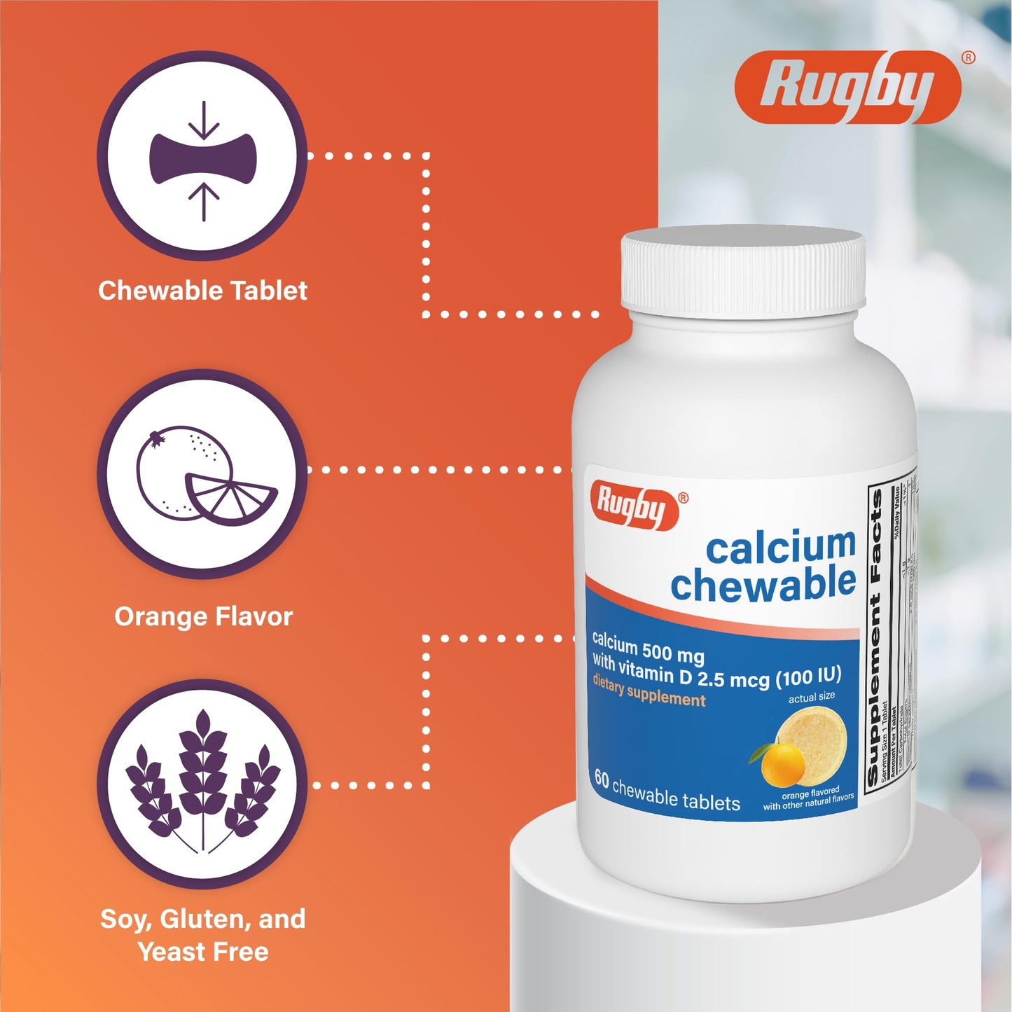 Rugby Laboratories 500mg Calcium Chewable Tablets 180 Count