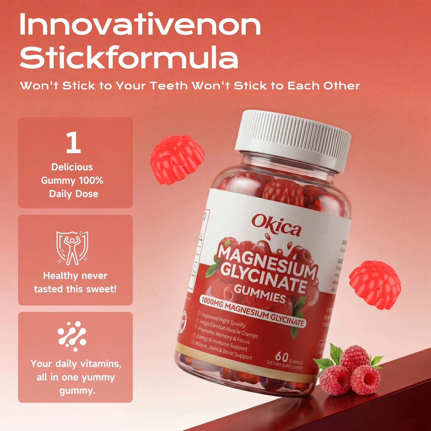 Okica Magnesium Glycinate Gummies 600mg, 60 Count
