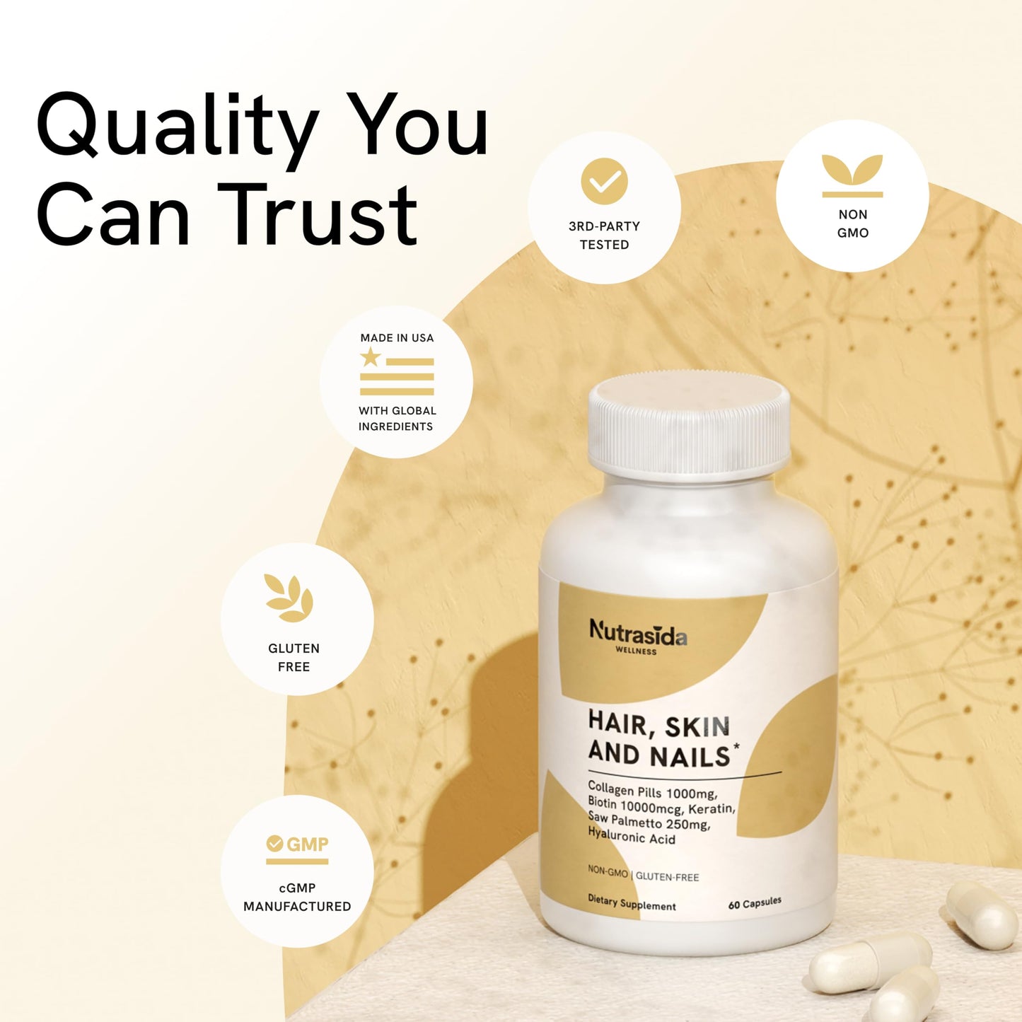 Nutrasida Hair, Skin and Nails Supplement with Collagen 1000mg, Biotin 10,000 mcg, Keratin, Hyaluronic Acid & Saw Palmetto Capsules 60