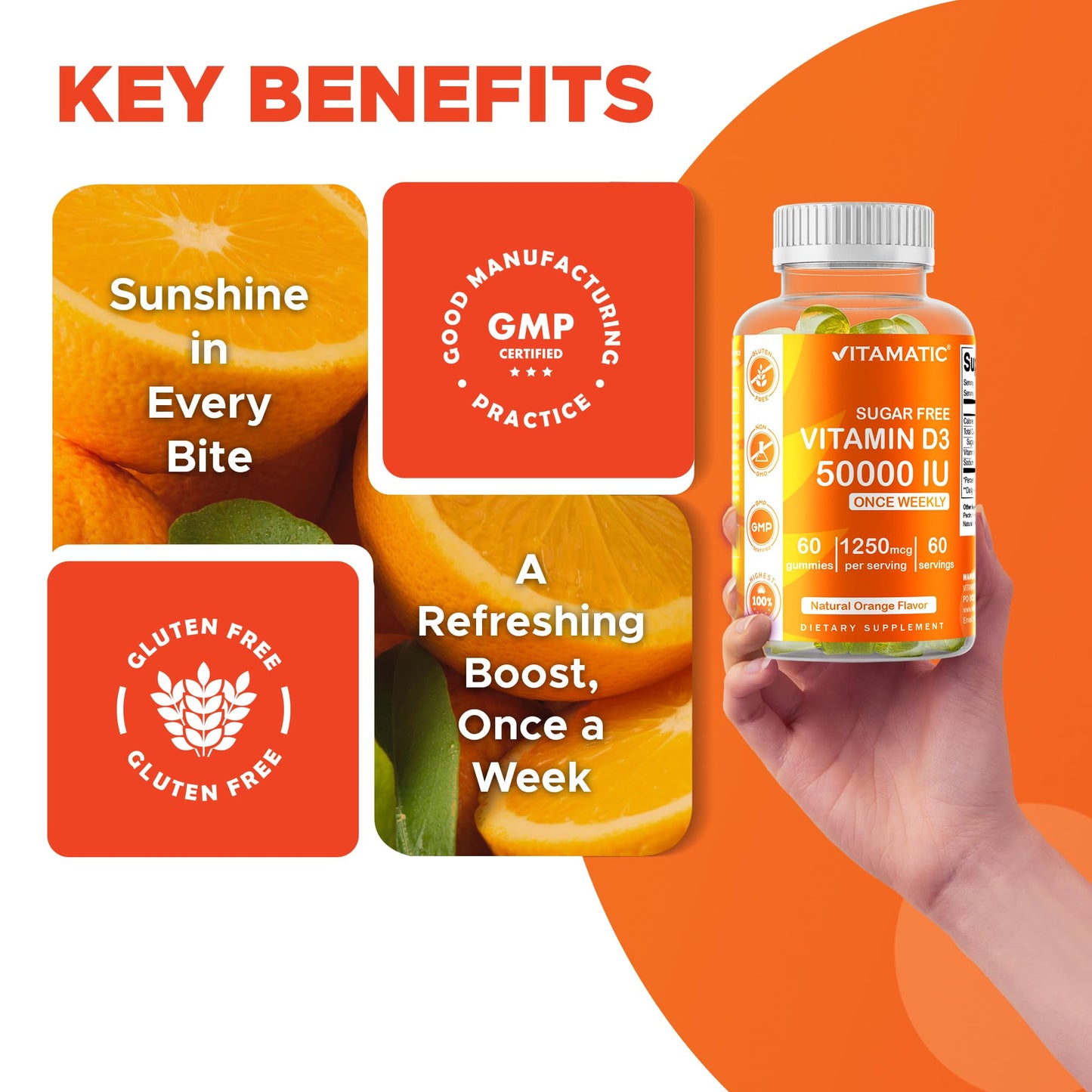 Vitamatic Sugar Free Vitamin D3 50,000 IU Weekly Supplement Gummies 60 Count