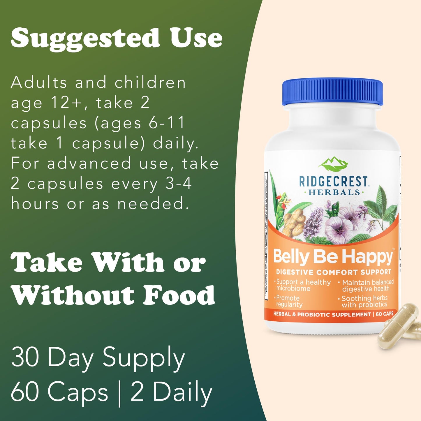 RidgeCrest Herbals Belly Be Happy, Daily Digestive Support and Gut Health with Ginger, Peppermint, and Slippery Elm with 4 Billion CFUs, Probiotic Supplement, 60 Capsules