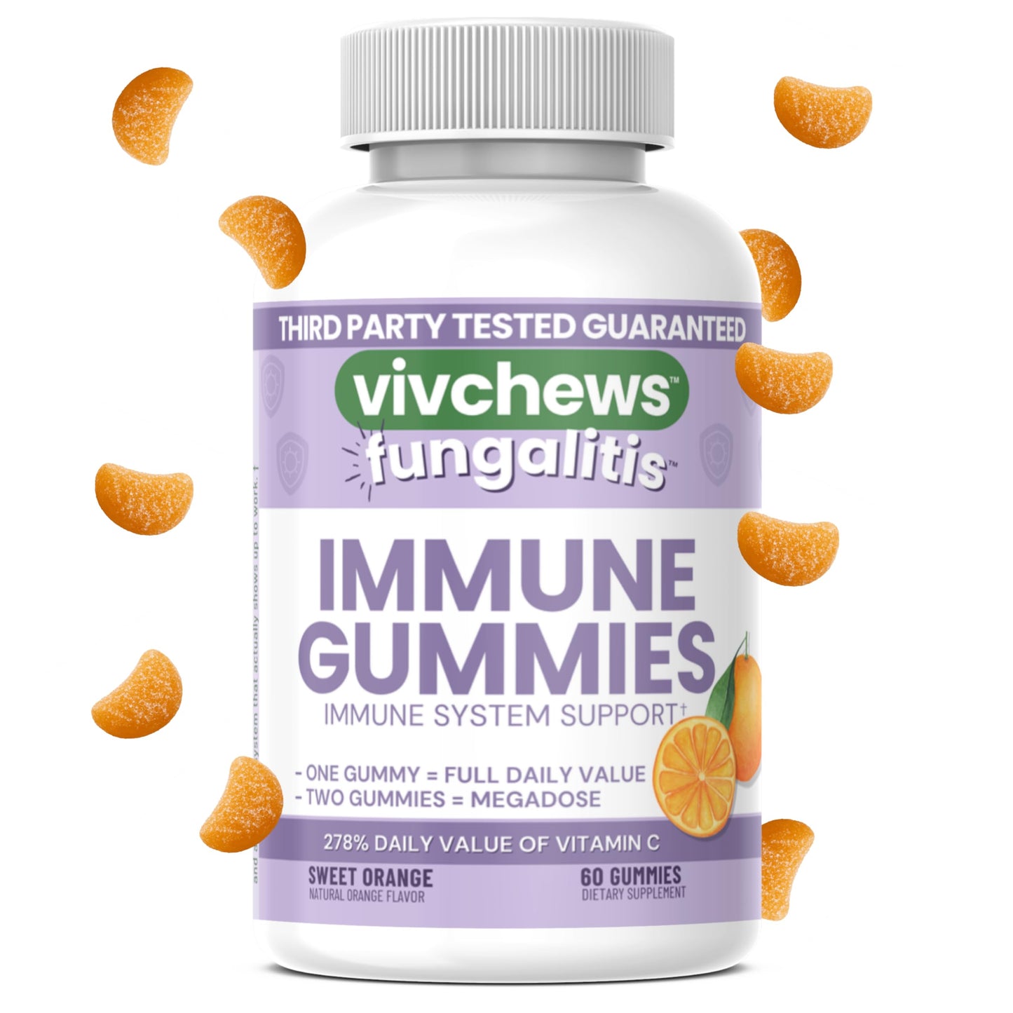 vivchews Immune Gummies Vitamin C 250mg, Non-GMO, Vegan, Natural Sweet Orange Flavor, 60 Gummies