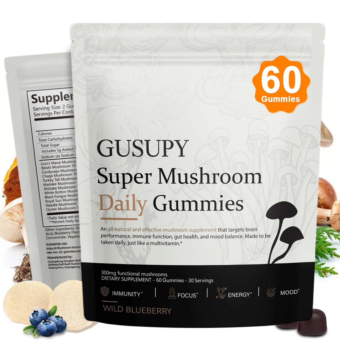 GUSUPY Lions Mane Mushroom Supplement Gummies, 60 Gummies