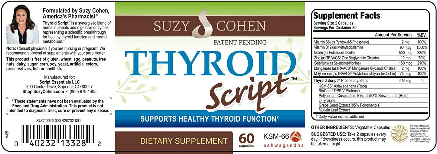 Script Essentials Thyroid Script by Suzy Cohen - Thyroid Support Supplement, 60 Capsules