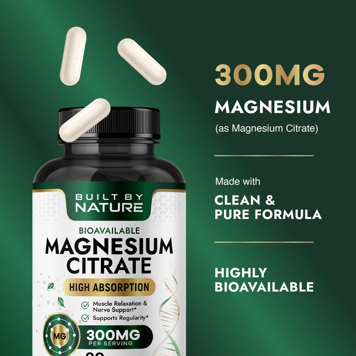 Built by Nature Magnesium Citrate 300mg High Absorption Magnesium Supplement Capsules, 90 Capsules