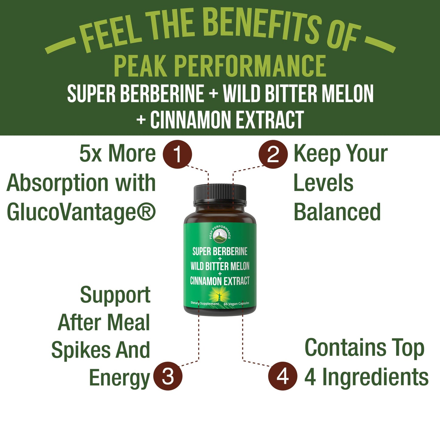 Peak Performance Ultra High Strength 4-in-1 Berberine GlucoVantage + Wild Bitter Melon + Cinnamon Extract + Chromium Picolinate, 60 Capsules