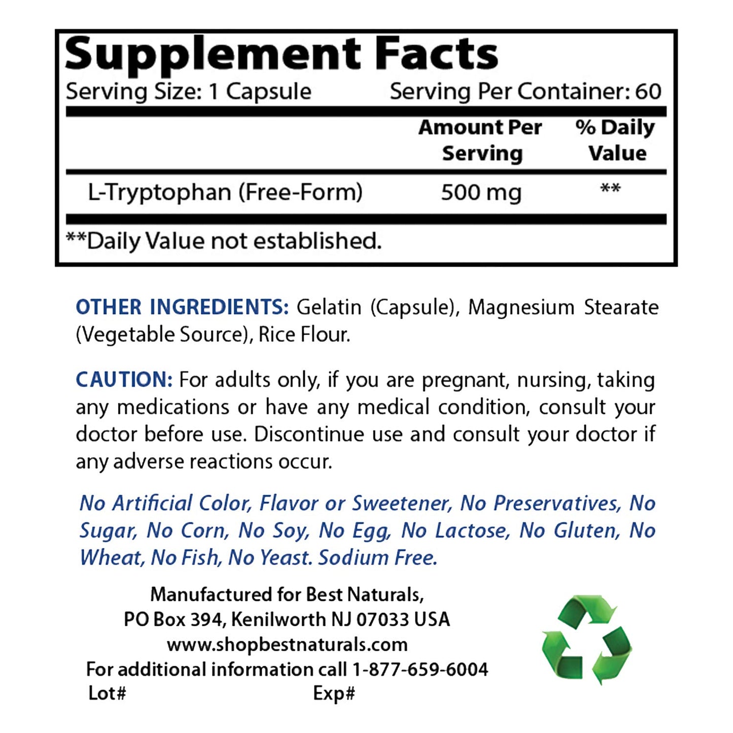 Best Naturals L-Tryptophan 500 mg & 5-HTP 200 mg Capsules, 60 Capsules