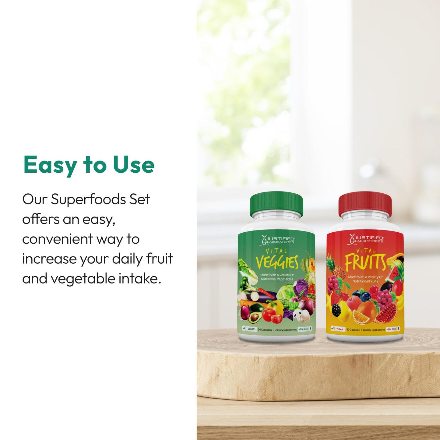Justified Laboratories Vital Fruits & Vital Veggies Superfoods Set Capsules, 540 Capsules, Non-GMO, Vegan