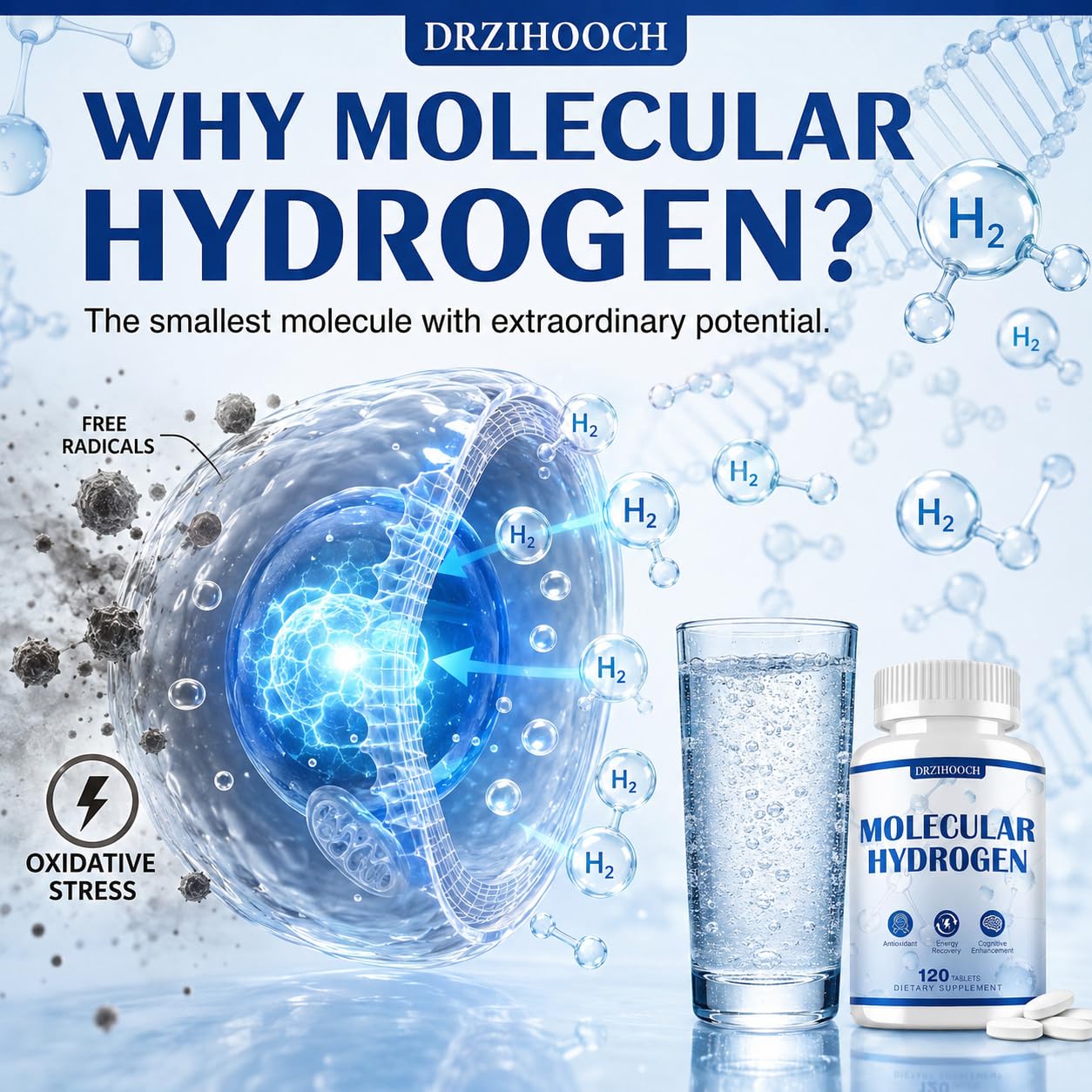DRZIHOOCH Hydrogen Water Tablets with Magnesium -12 PPM Hydrogen Tablets for Drinking Water Molecular Hydrogen Water Supplement for Cellular Health Healthy Aging 120 Tablets