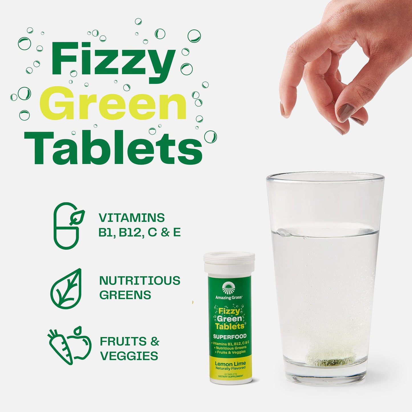 Amazing Grass Fizzy Green Tablets Superfood: Green Superfood Water Flavoring Tablet with Antioxidants & Alkalizing Greens, Lemon Lime, 30 Tablets