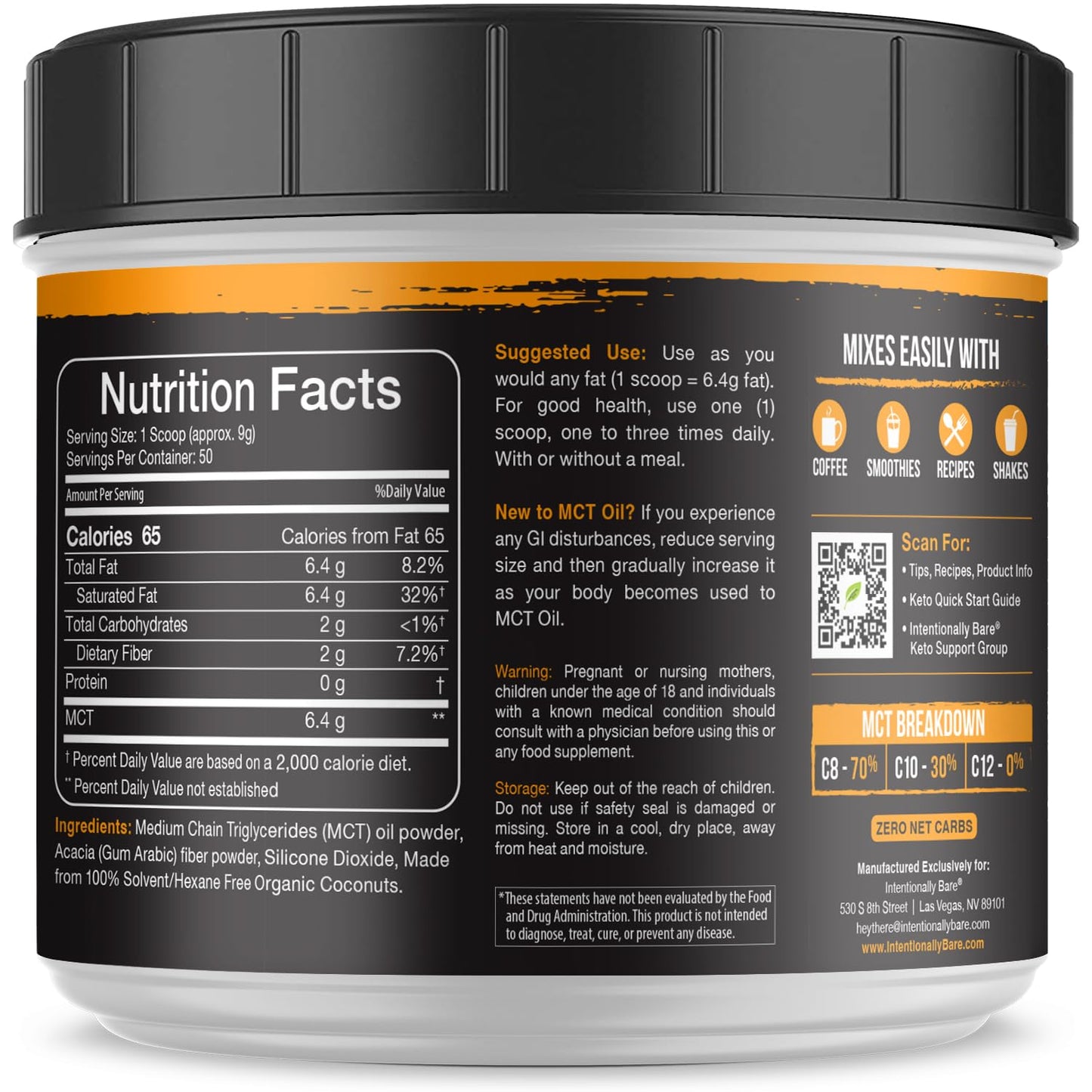 Intentionally Bare MCT Oil Powder Unflavored – Zero net Carbs 16 oz