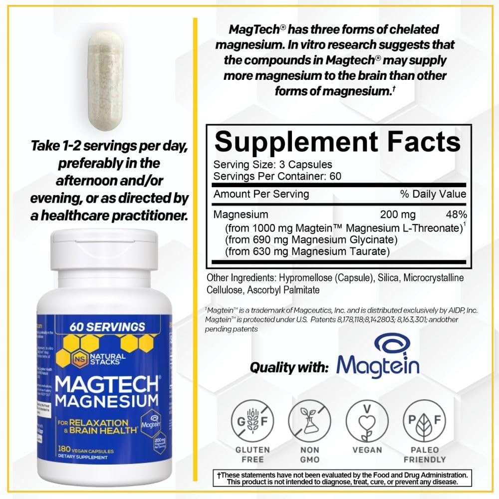 NATURAL STACKS MagTech Magnesium Supplement Capsules, 180 Capsules