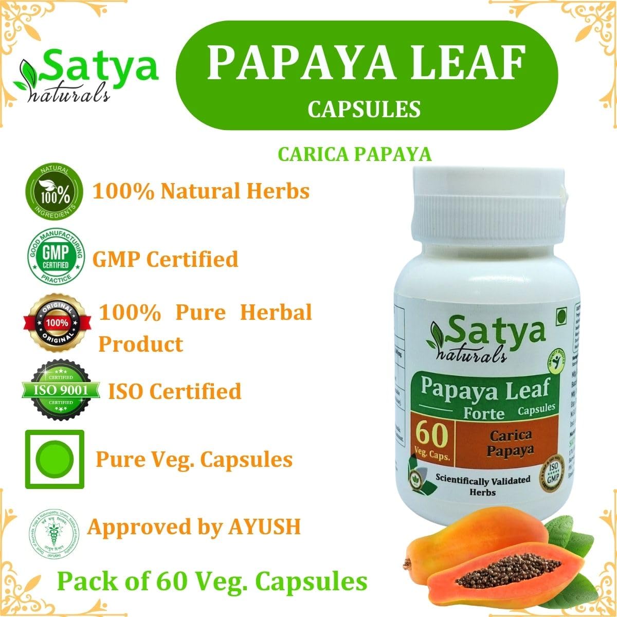 Satya Naturals Papaya Leaf Forte Capsules 500 mg, 240 Count