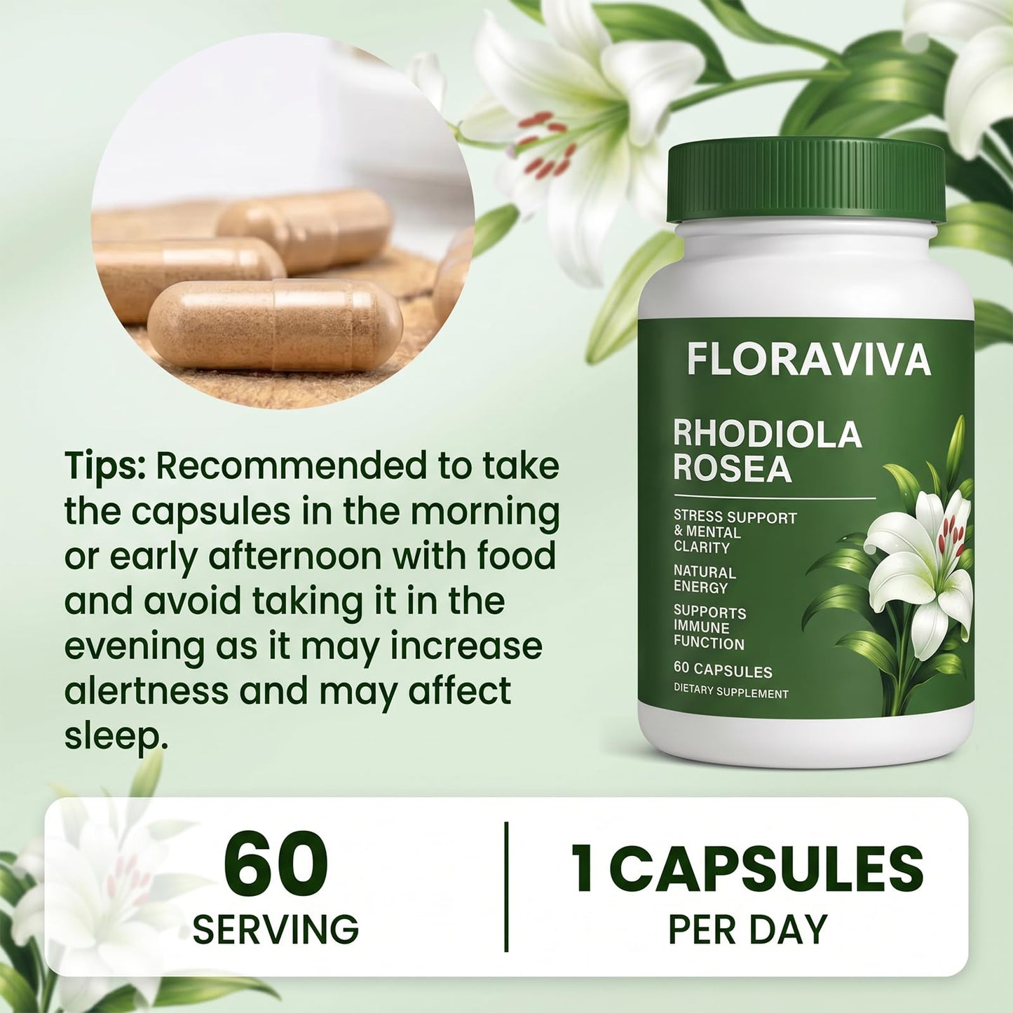 LKNSIH Floraviva Rhodiola Rosea Organic Capsule, Rhodiola Rosea Supplement, Adaptogenic Herb for Daily Stress Support & Energy Balance – 500mg per Serving (2) 1 Capsule