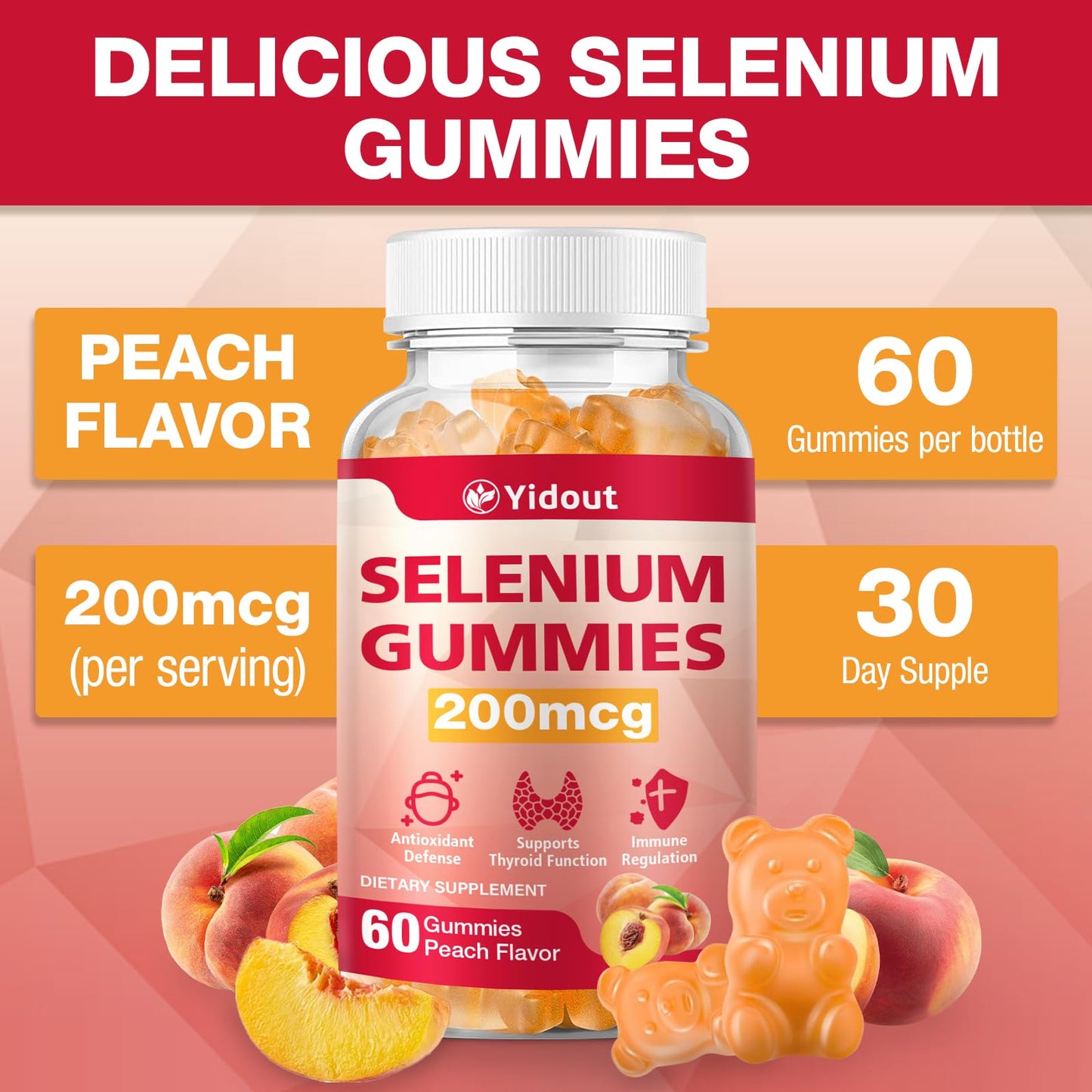 Yidout Selenium Supplement for Thyroid Support Gummies 200mcg, 120 Count