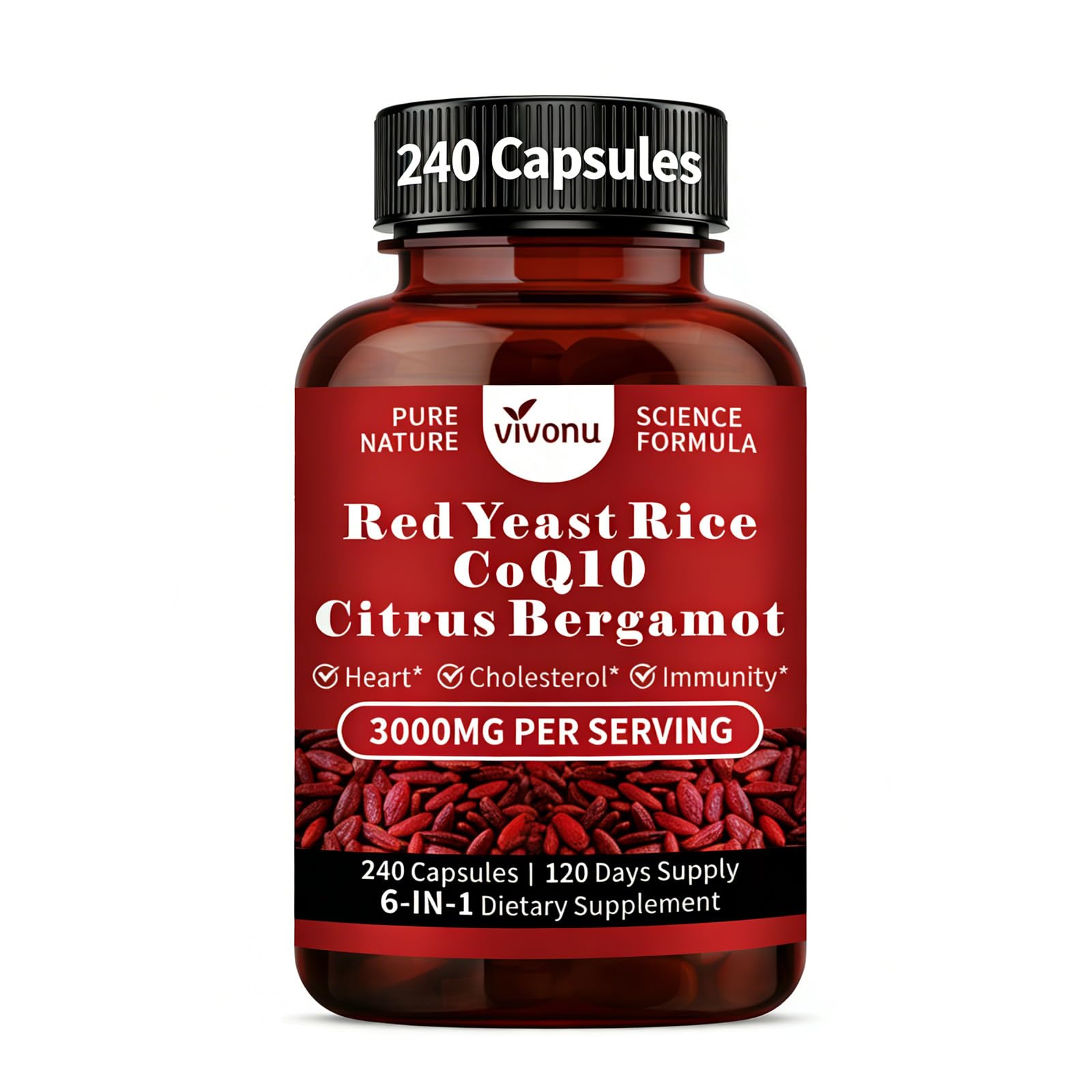 VivoNu Red Yeast Rice with CoQ10 and Citrus Bergamot Capsules, 240 Capsules