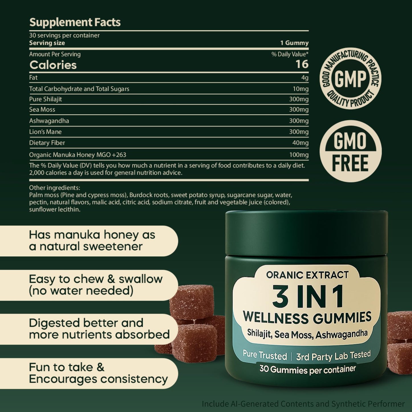 ORANIC EXTRACT 3IN1 Shilajit Wellness Gummies, Ashwagandha, Sea Moss, Energy & Immune Support, 30 Gummies