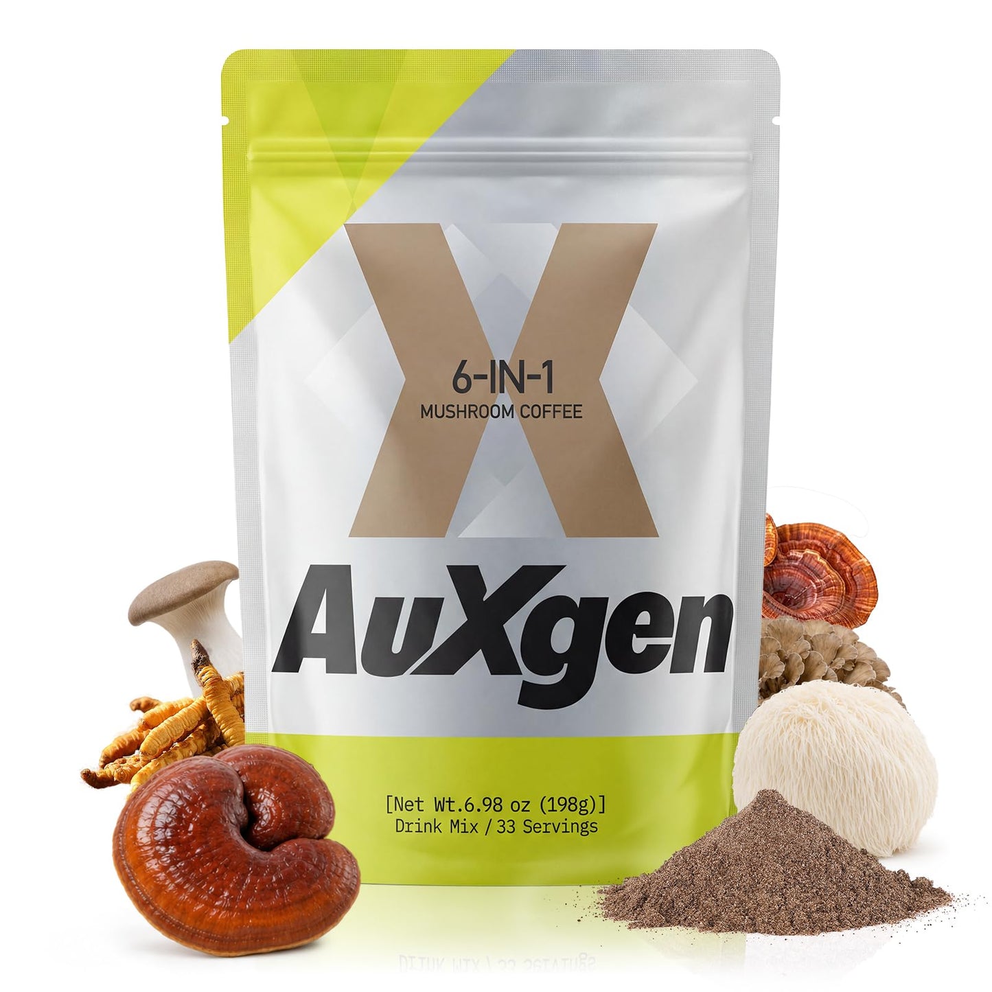 Auxgen 6-Mushroom Instant Coffee Powder for Focus & Energy, 6.35 Ounce