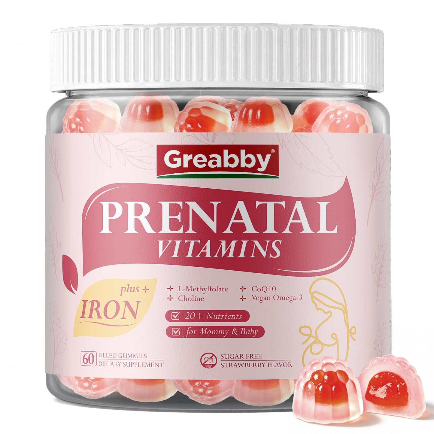 GREABBY Prenatal Vitamins for Women, Choline Prenatal Gummies with Iron, Omega 3 Gummy 60