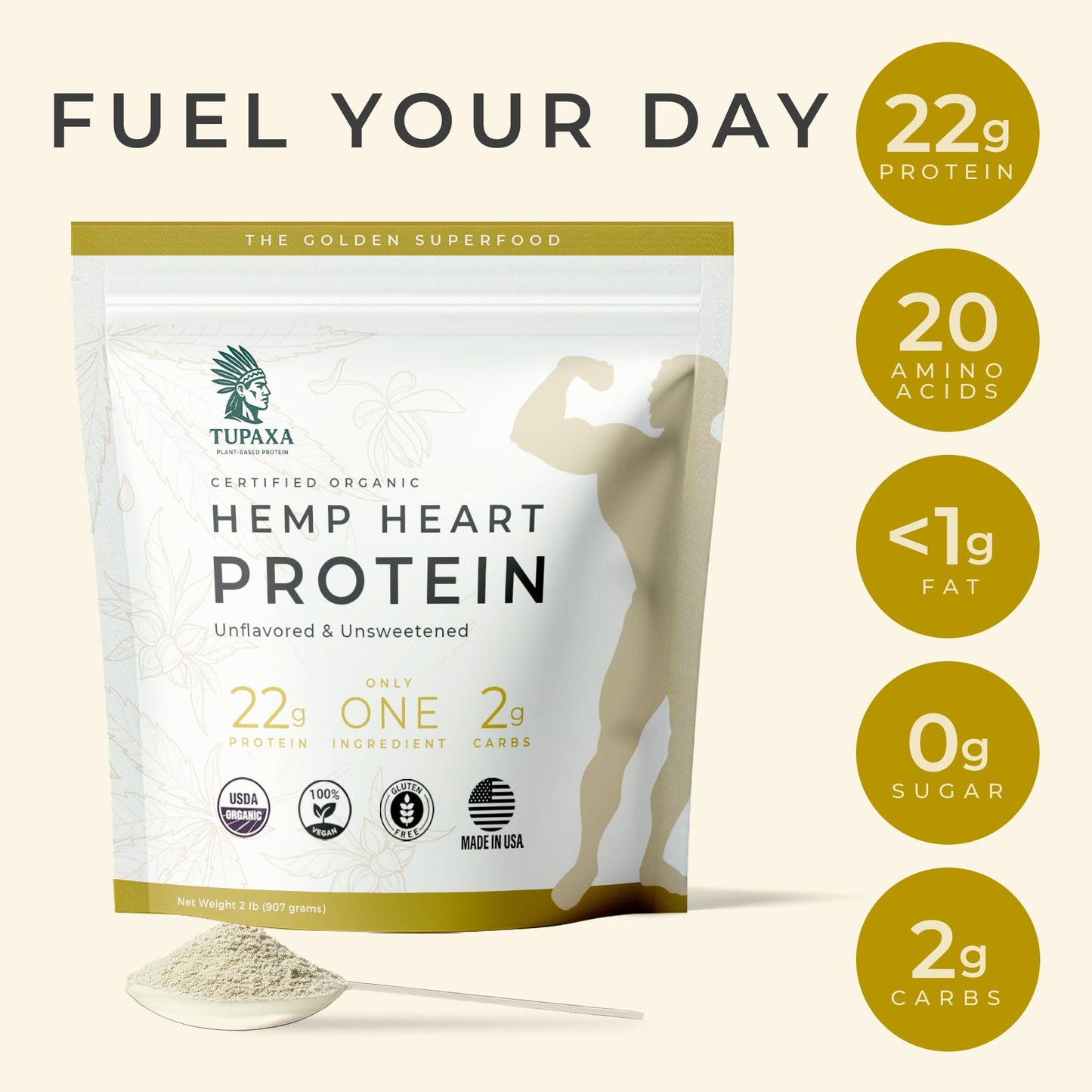 TUPAXA USDA Organic Hemp Protein Powder, Unflavored, 32 Servings