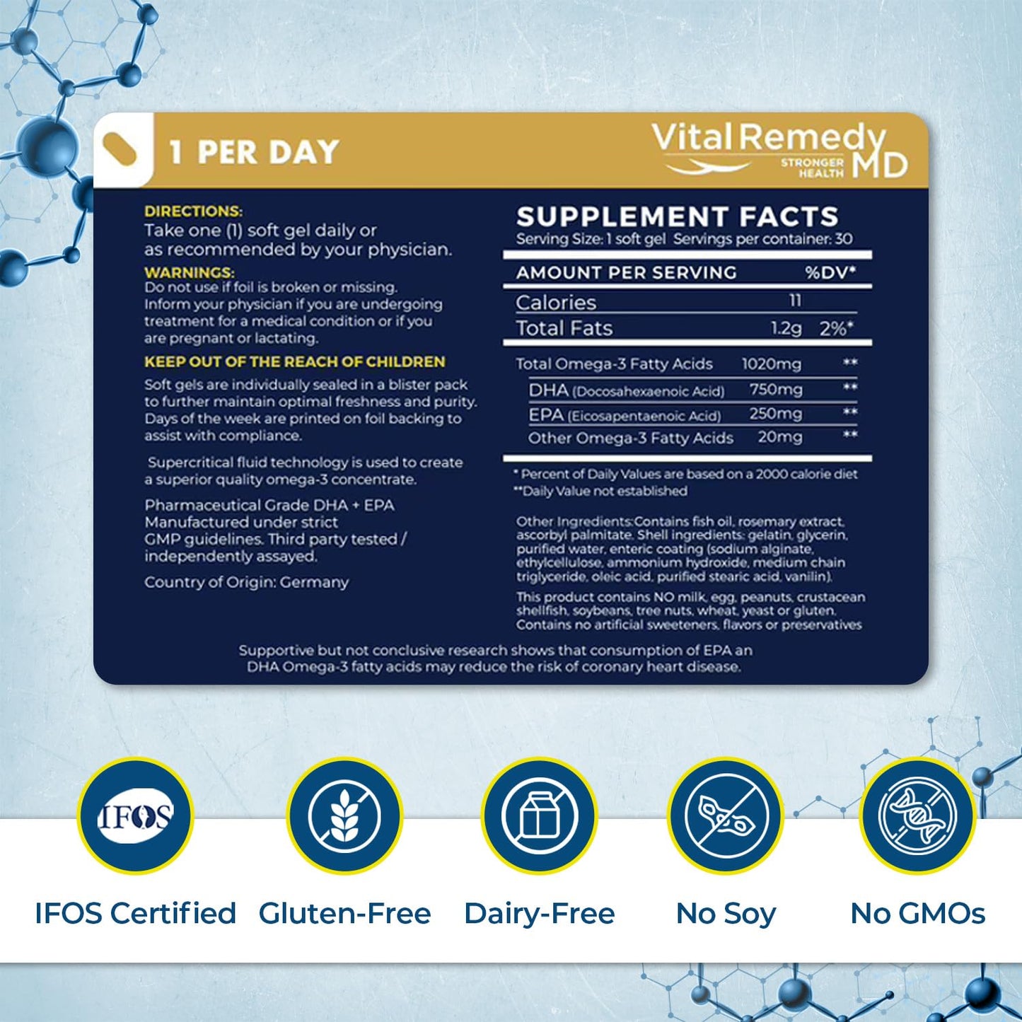 VitalRemedyMD Omega-3 Fish Oil 1200mg (750 DHA+450 EPA) Softgels 30