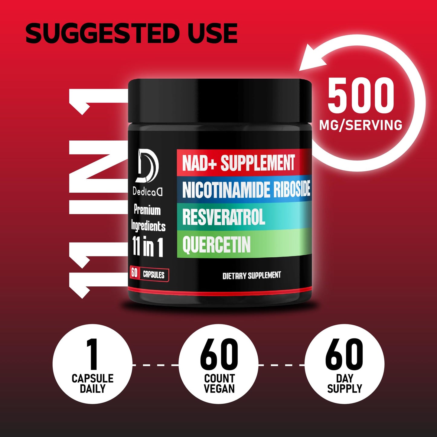 DEDICAD 11in1 NAD Supplement with Nicotinamide Riboside, Quercetin, Resveratrol and 8 More Capsules 120