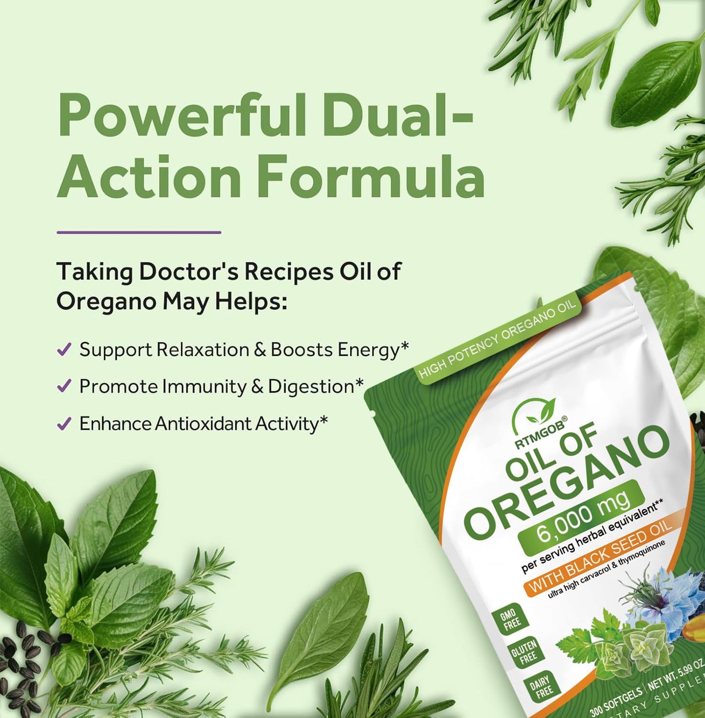 RTMGOB Oil of Oregano Softgels with Black Seed Oil, 300 Softgels