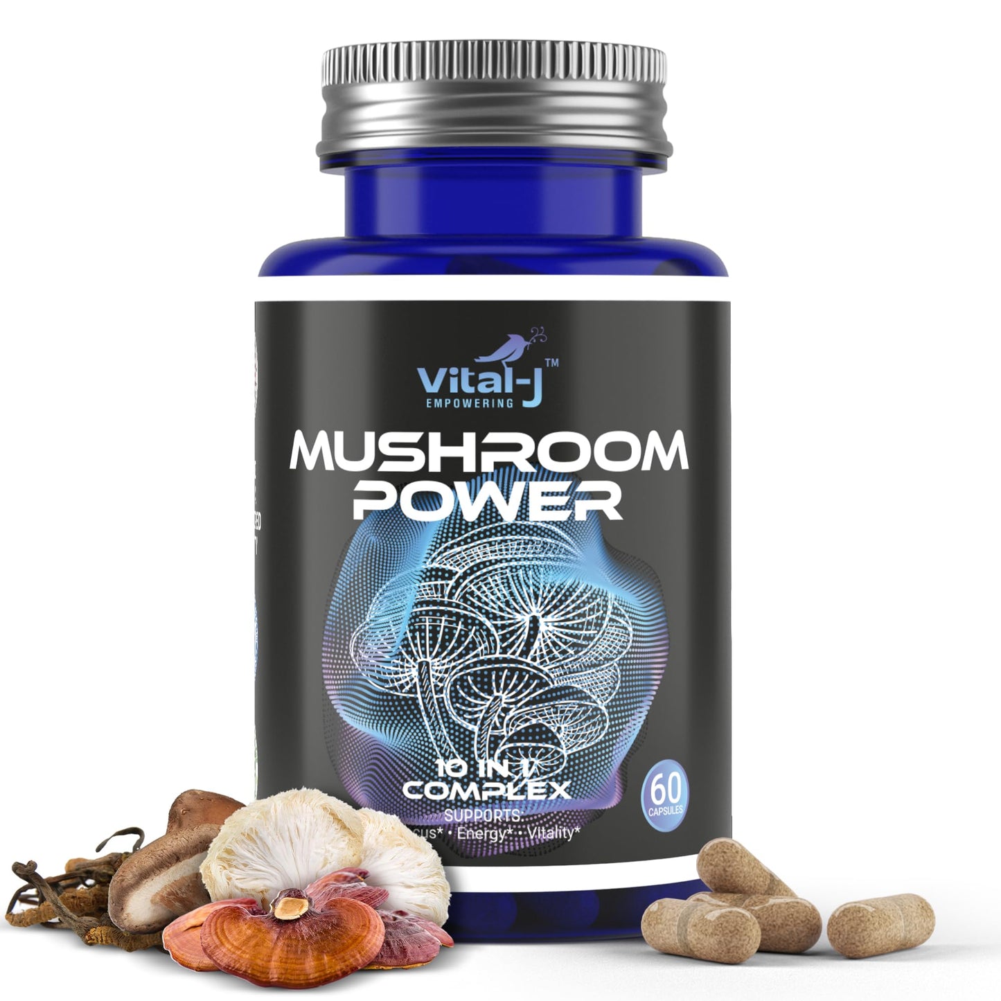 Vital-J Empowering Mushroom Power Complex 10-in-1 W/Cordyceps, Reishi, Shiitake & Lions Mane Nootropic Dietary Supplement for Gut Microbiome, Focus, Energy & Vitality, 60 Capsules