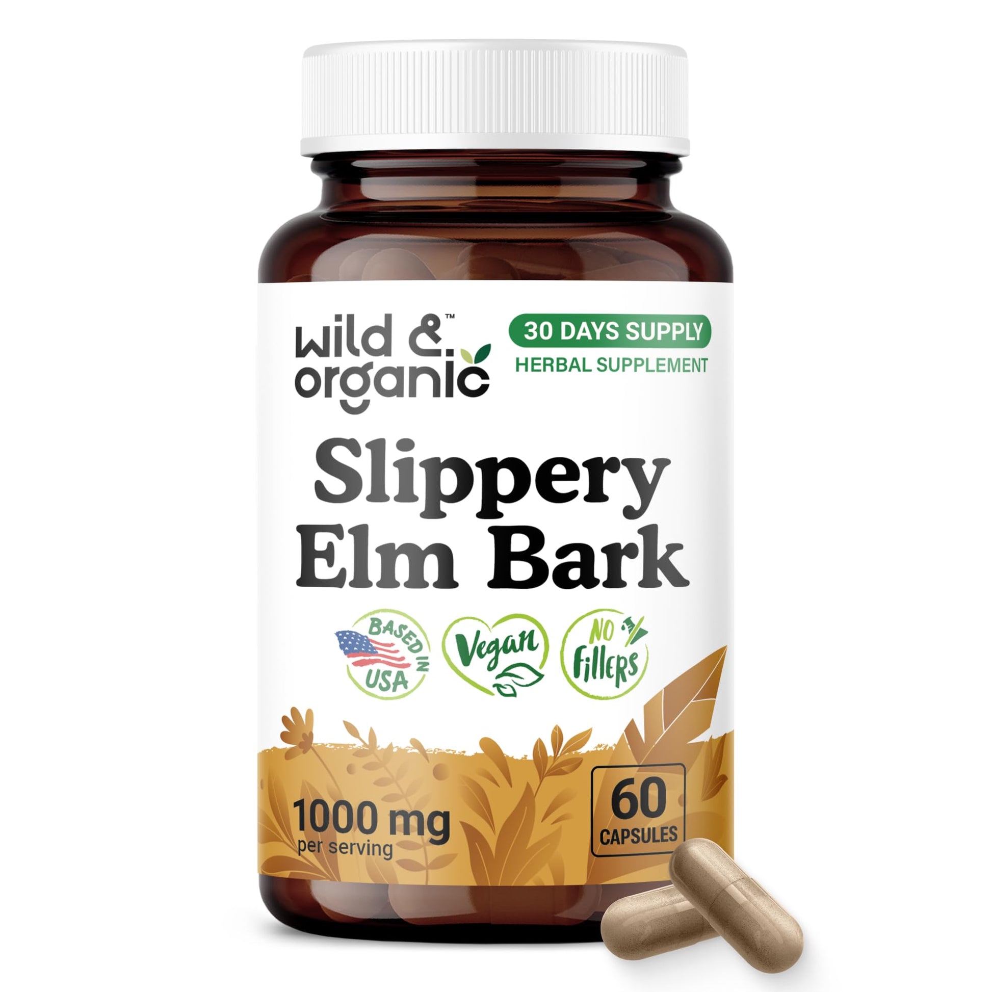 Wild & Organic Slippery Elm Capsules 1000 mg, 60 Count