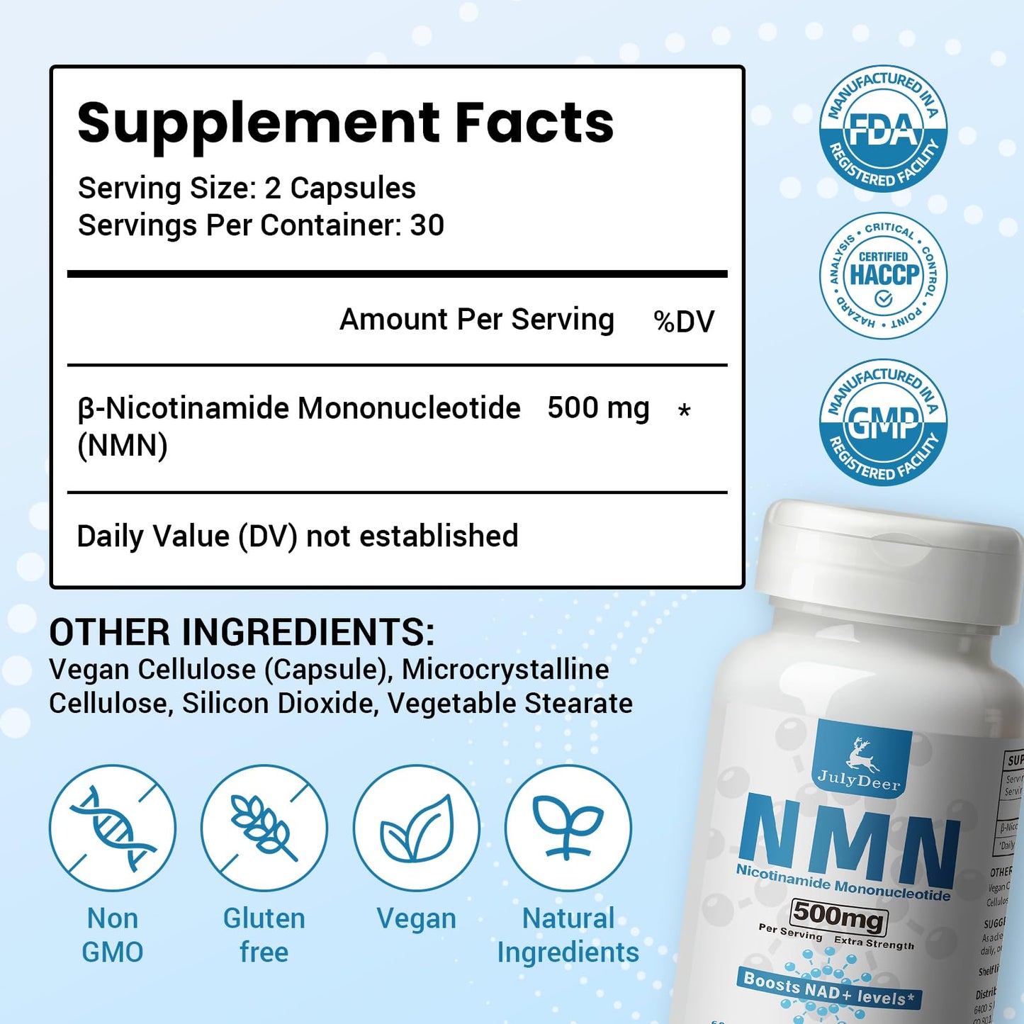 JulyDeer Pure NMN 500mg Nicotinamide Mononucleotide Capsule, 60 Count