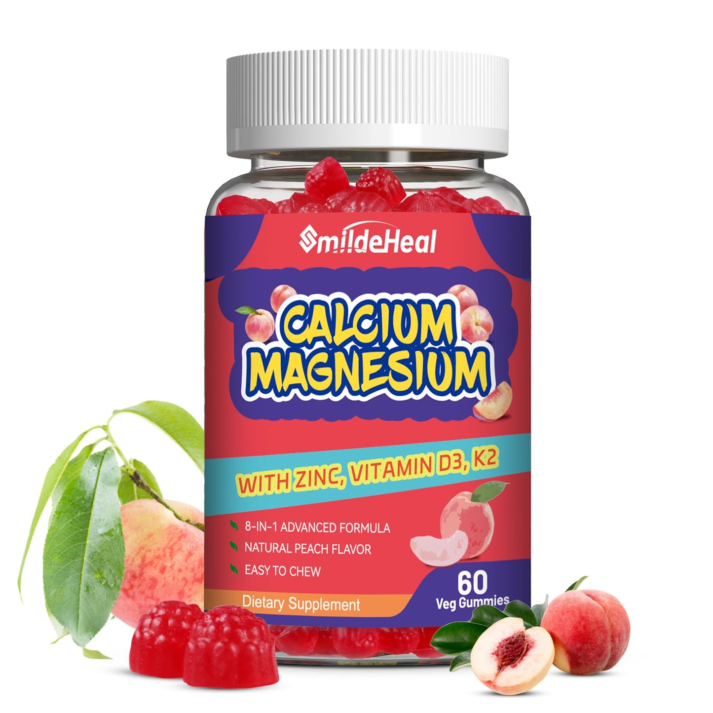SmildeHeal Calcium Magnesium Zinc Gummies with Vitamin D3, 600 mg, High Absorption Complex, Vegan, 60 Gummies