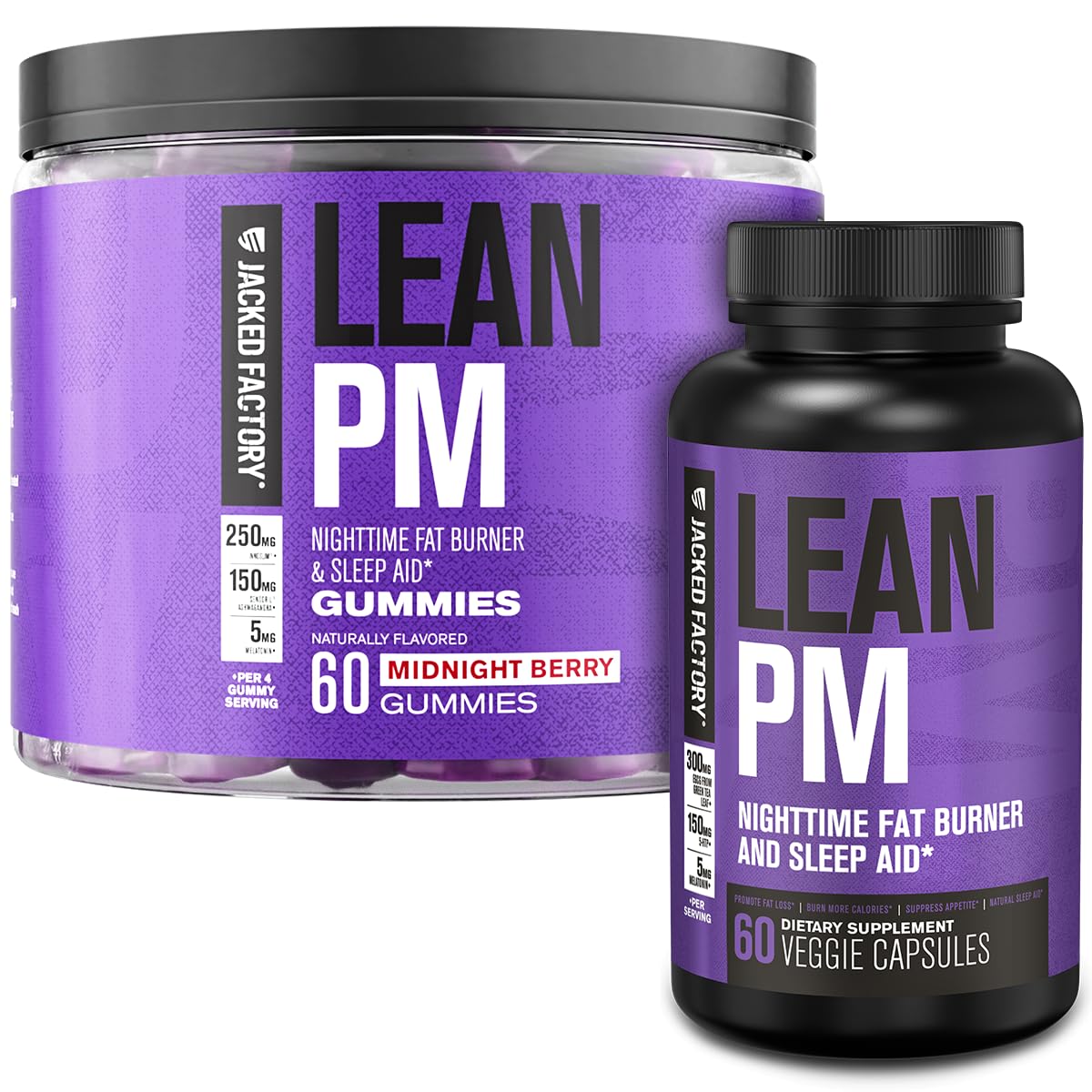 Jacked Factory Lean PM Night Time Fat Burner Sleep Aid Supplement (60 Capsules) & Lean PM Weight Loss Gummies (60 Gummies)