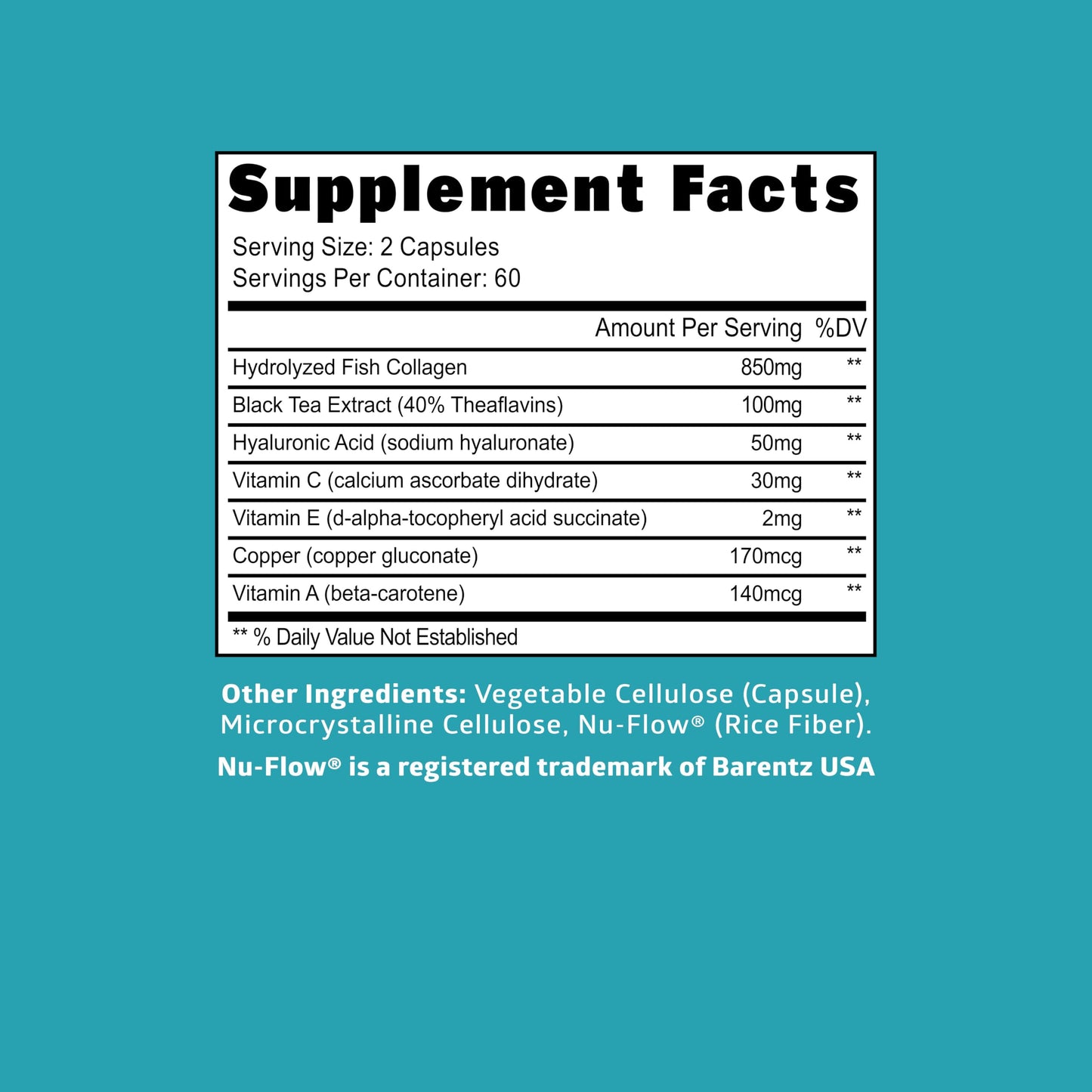 Number One Nutrition Hydrolyzed Marine Collagen with Hyaluronic Acid, Vitamin C, Theaflavin and Copper 120 Capsules