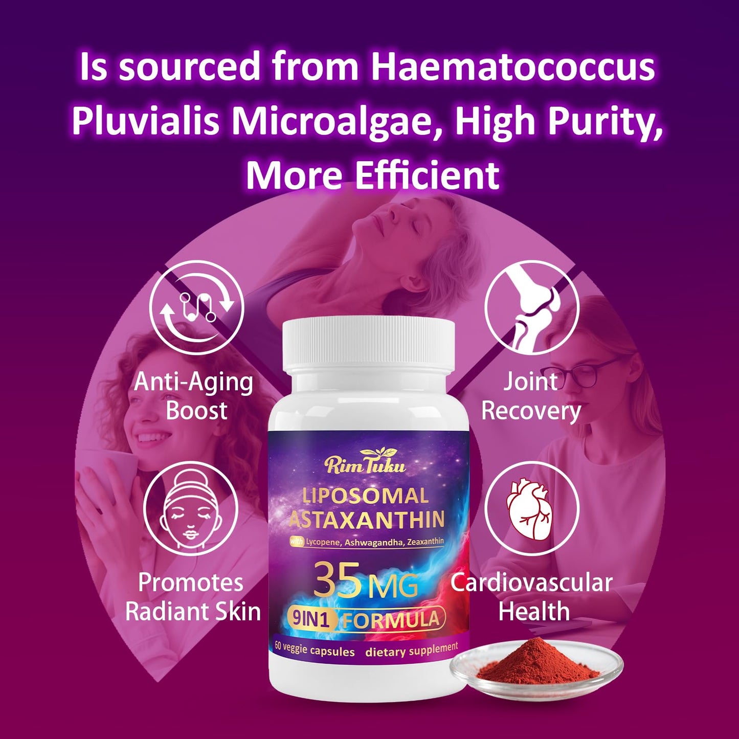 RimTuku Liposomal Astaxanthin Supplement Complex 9-in-1 with Ashwagandha, Lycopene, Zeaxanthin, Antioxidant Support Eye, Skin & Joint Health, 60 Capsules