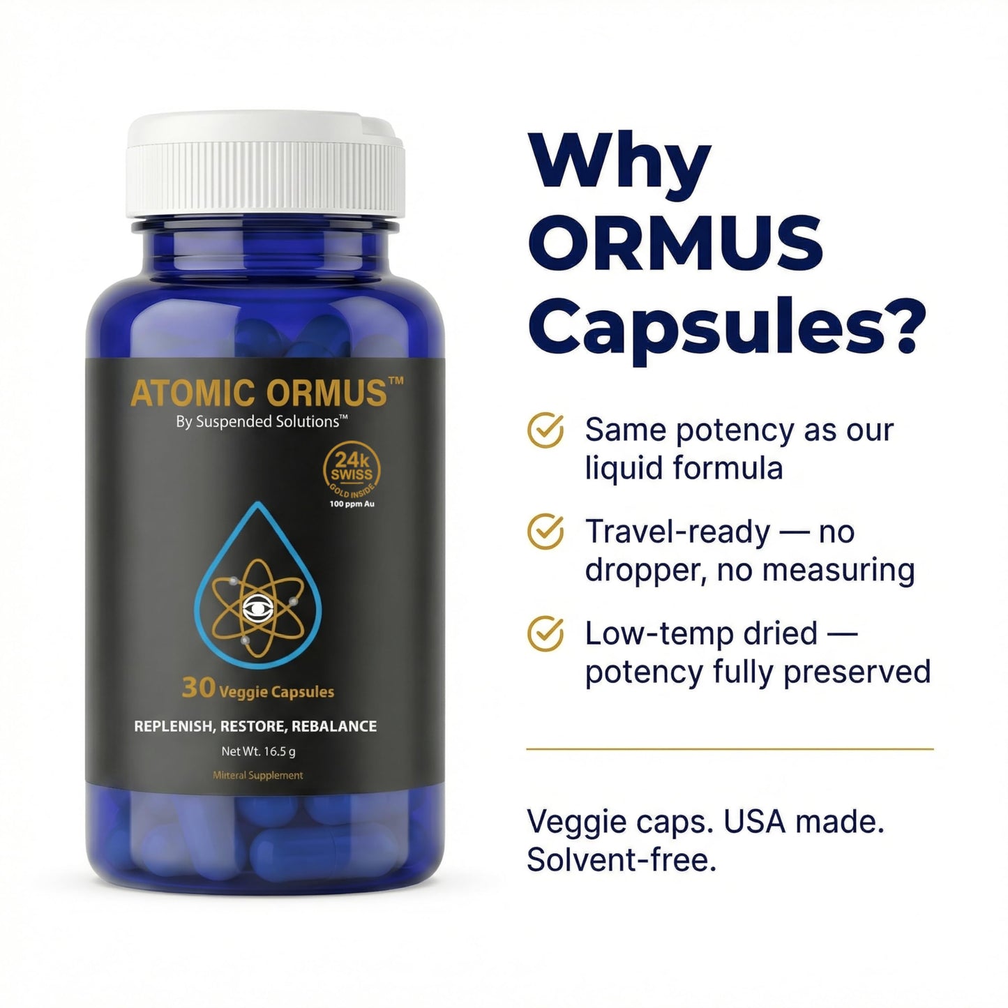 Suspended Solutions Atomic Ormus Capsules Monoatomic 24k Gold Inside – 24k Gold Platinum Iridium ORMUS, Energetically Enhanced, Memory, Energy, Stamina & Vitality, Vegan Supplement, 30 Capsules