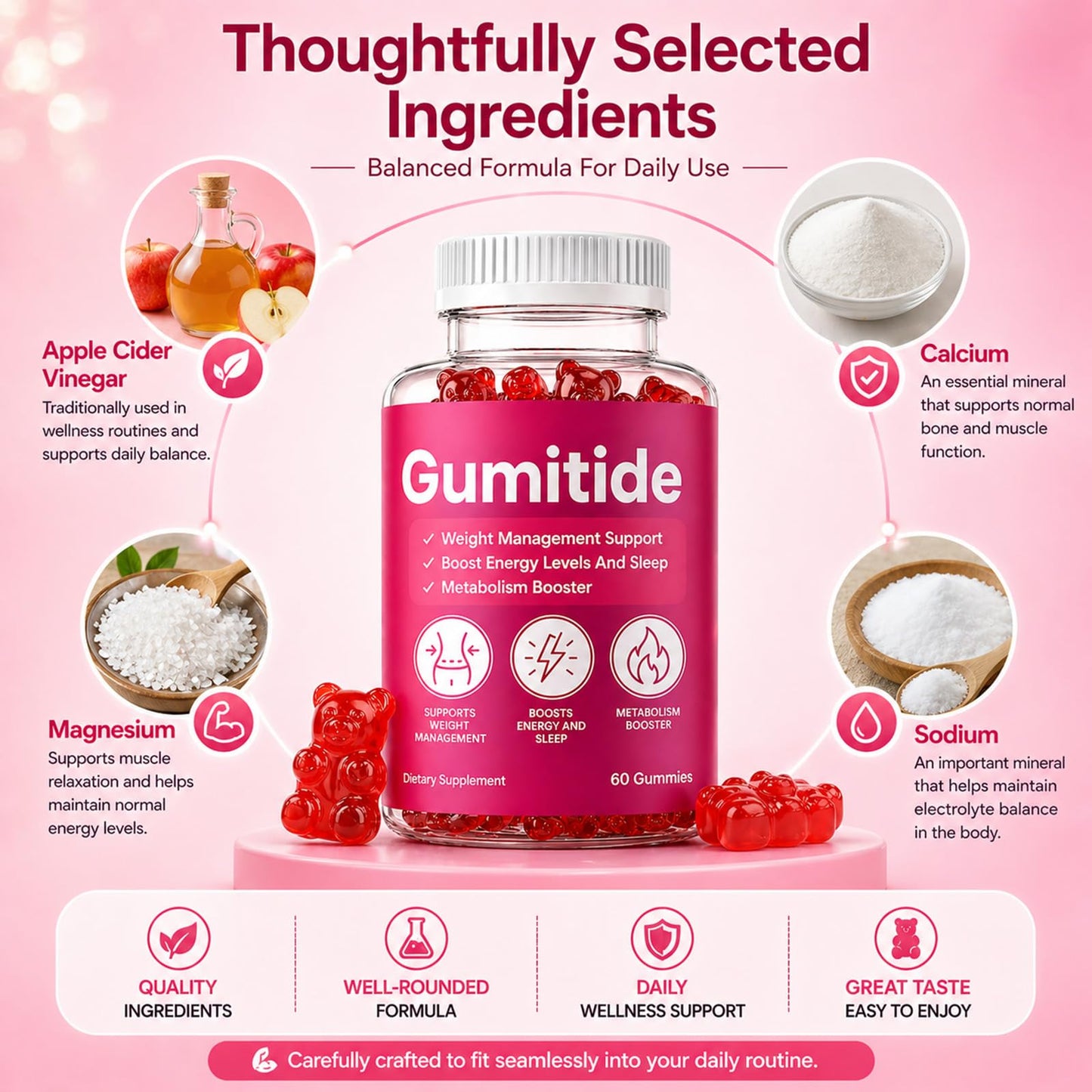 KWEZTY Gumitide Gummies with Apple Cider Vinegar, Calcium+Magnesium+Sodium, Weight Management Support, 60 Gummies