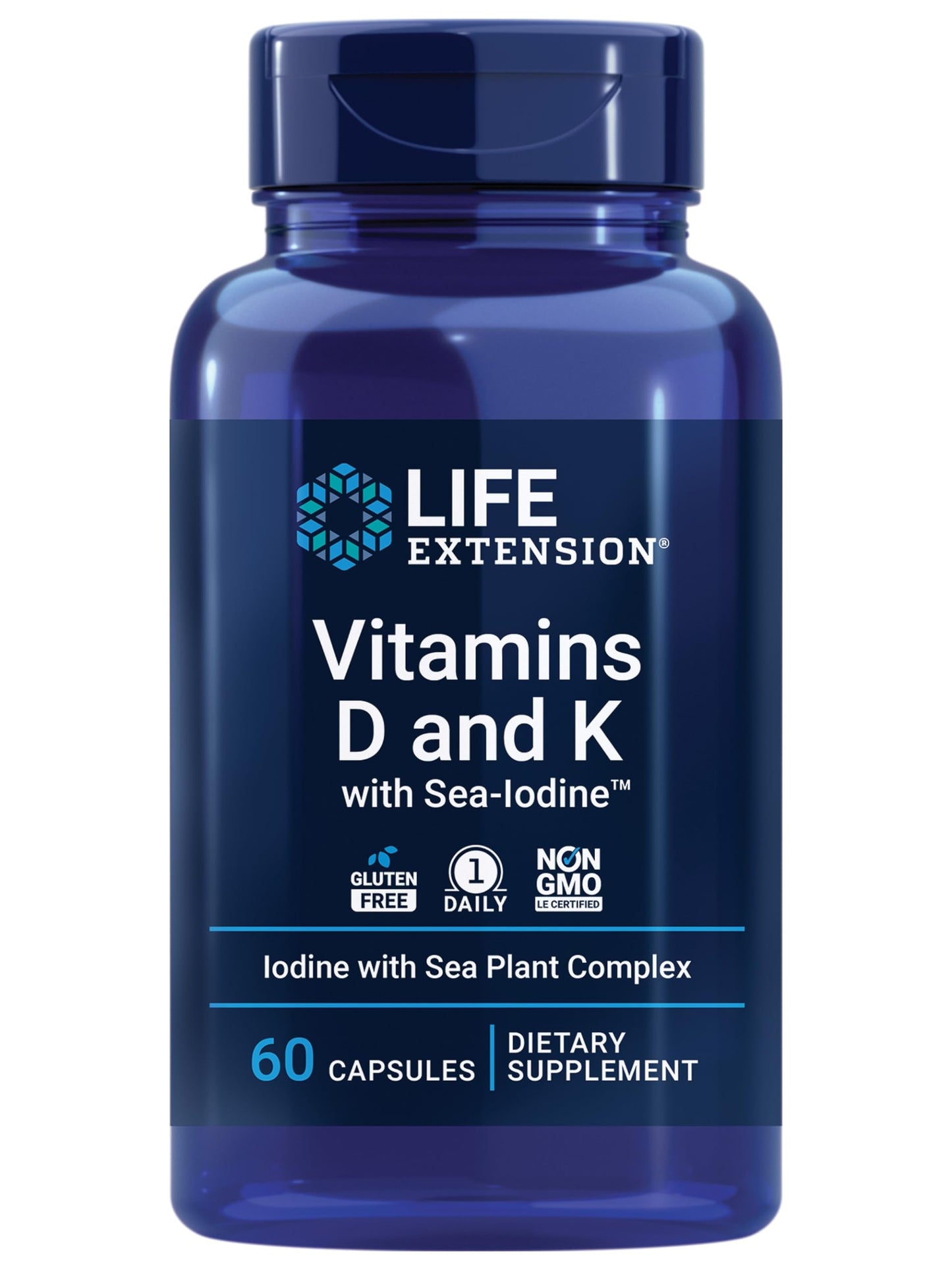 Life Extension Vitamin D3 and K2 with Sea-Iodine, 60 Capsules
