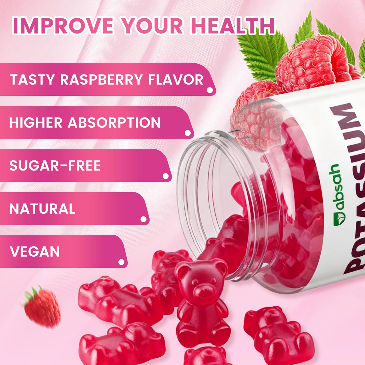 Jabsah Potassium Citrate Gummies 1200mg, Sugar-Free Potassium Supplement, Raspberry Flavor, Vegan, Gluten Free, for Adults, Women & Men, 60 Gummies