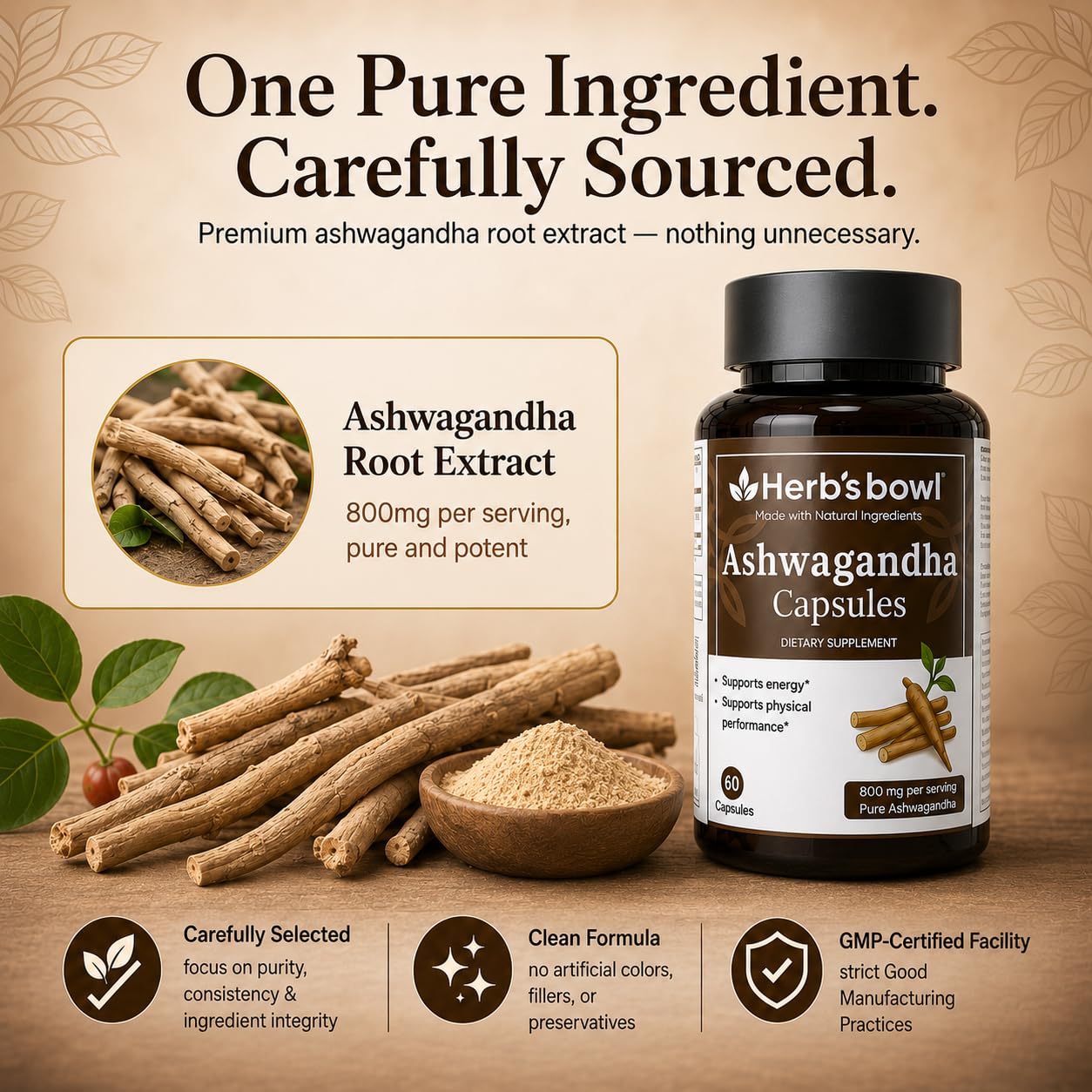 Herb'sbowl Organic Ashwagandha Capsules 800 mg per Serving, 60 Capsules