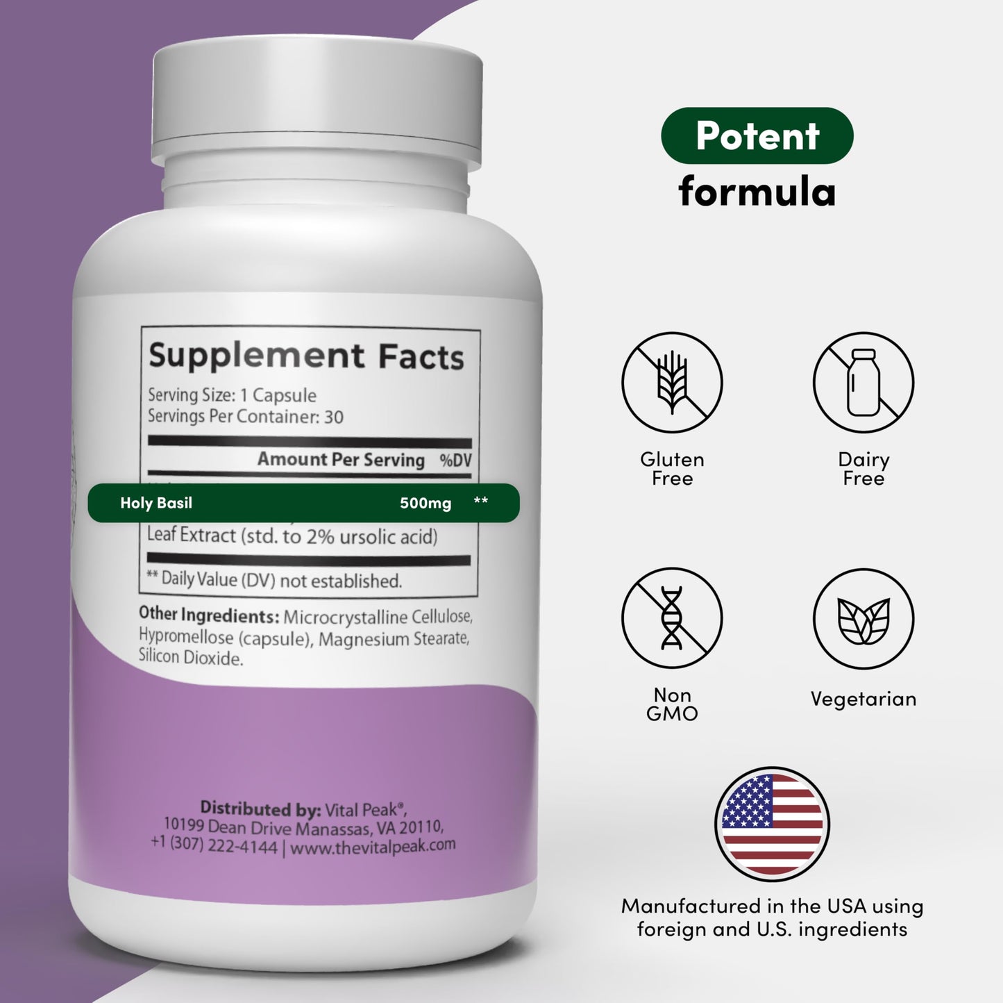 Vital Peak Holy Basil 500 mg - Mood & Relaxation Support Capsules, 30 Count